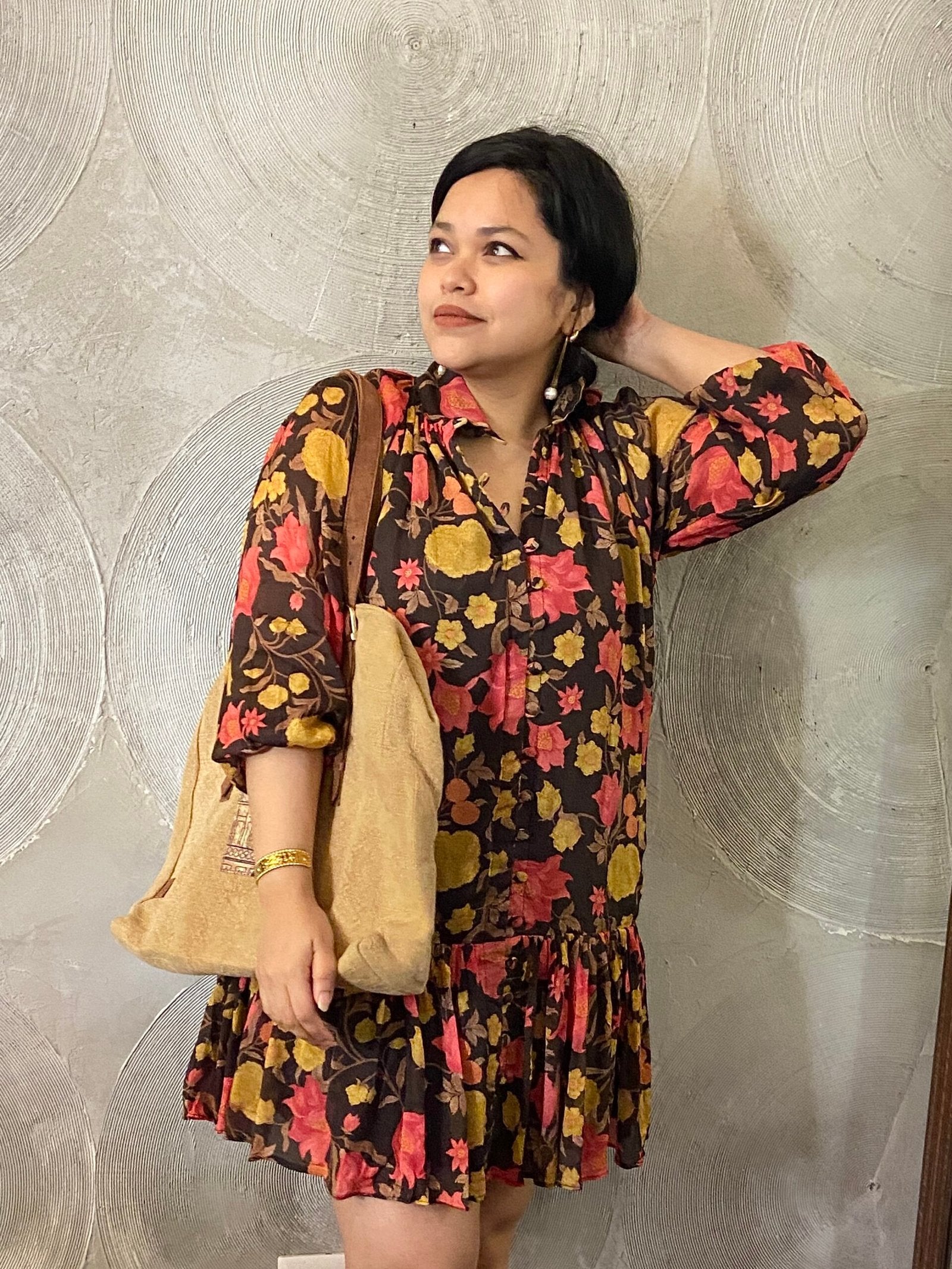 Brown, Pink and Mustard Floral Print Dress