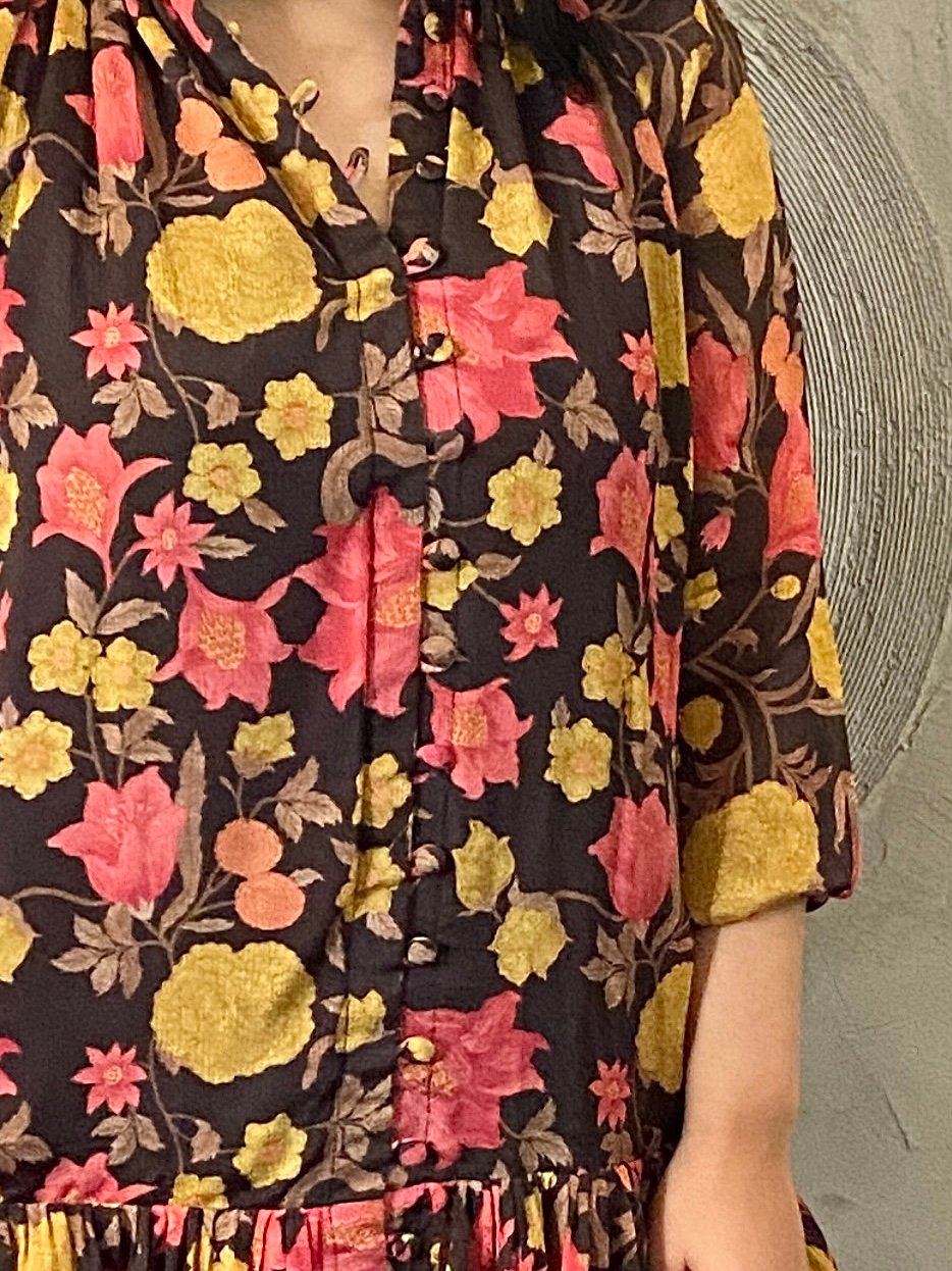 Brown, Pink and Mustard Floral Print Dress