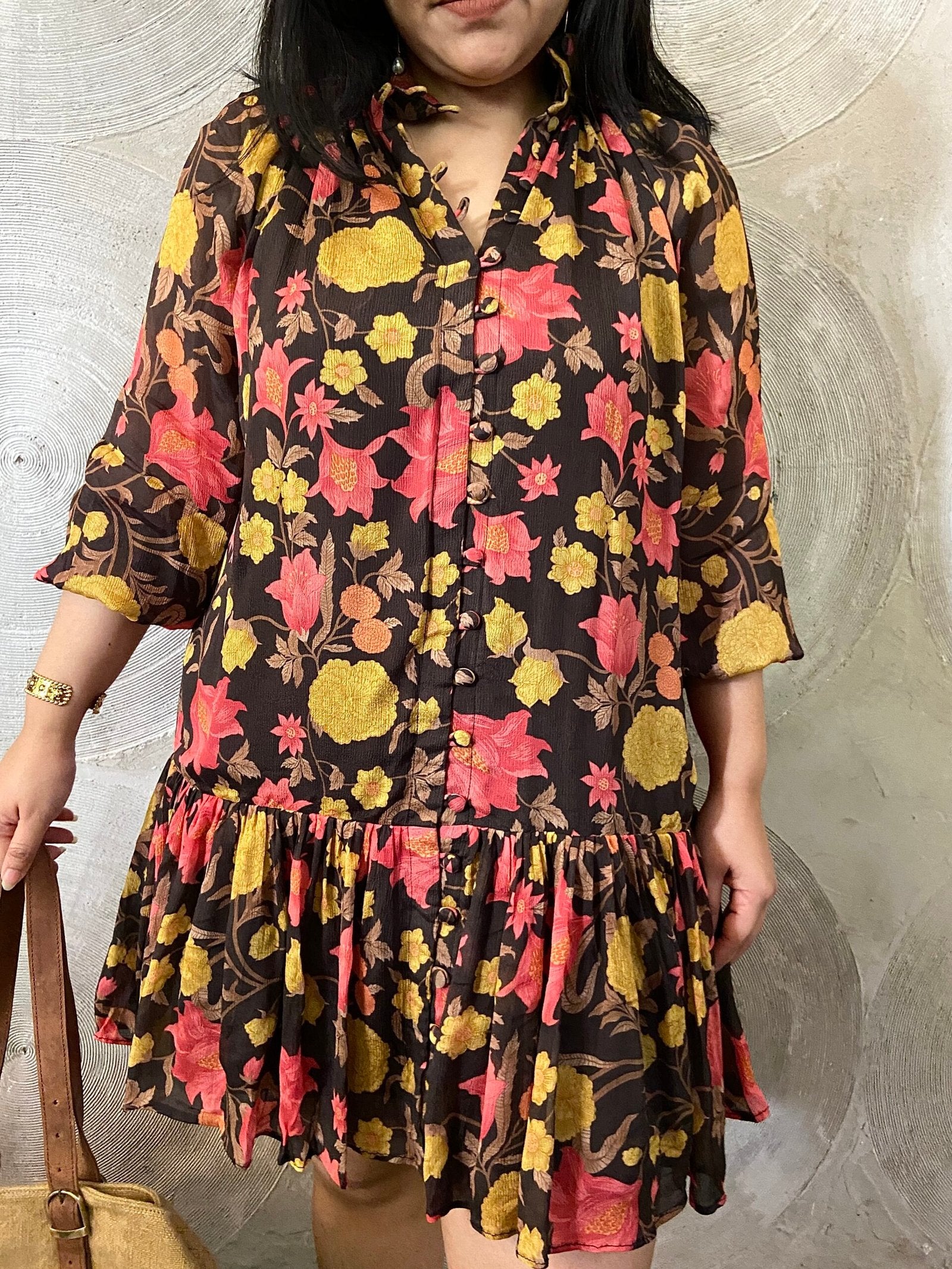 Brown, Pink and Mustard Floral Print Dress
