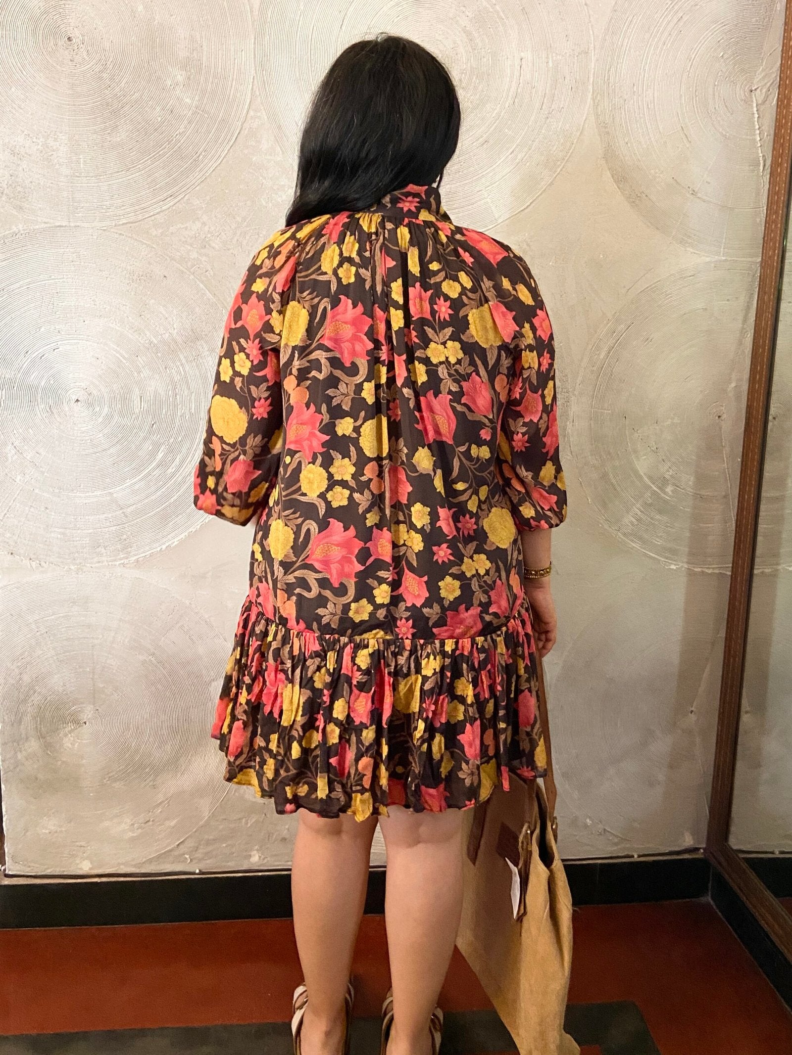 Brown, Pink and Mustard Floral Print Dress