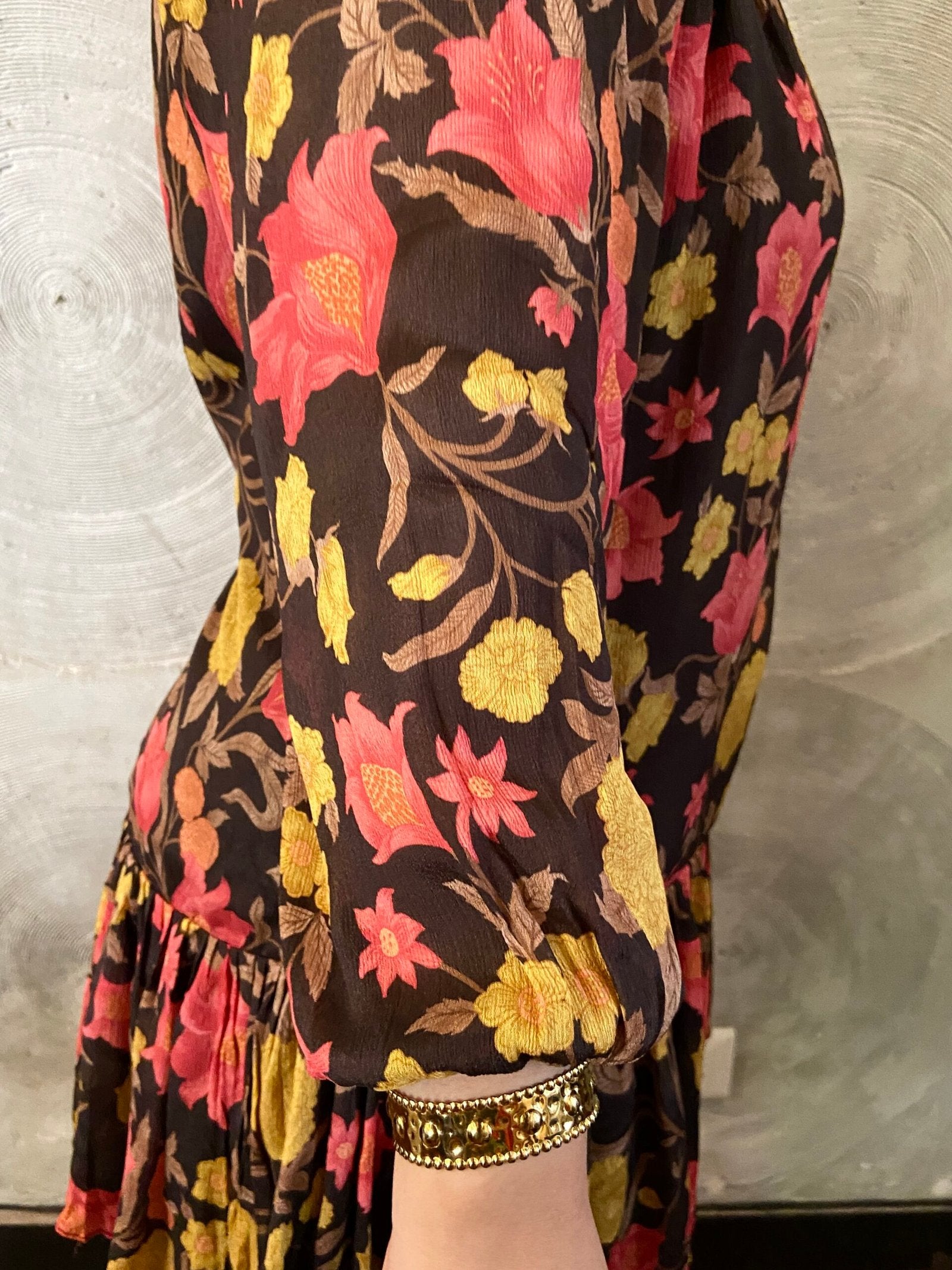 Brown, Pink and Mustard Floral Print Dress