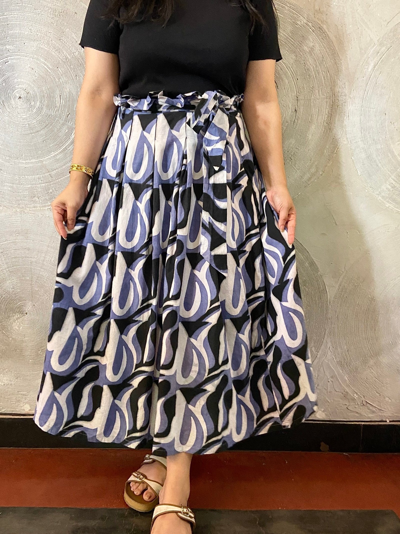 White, Blue and Black Cotton Long Skirt