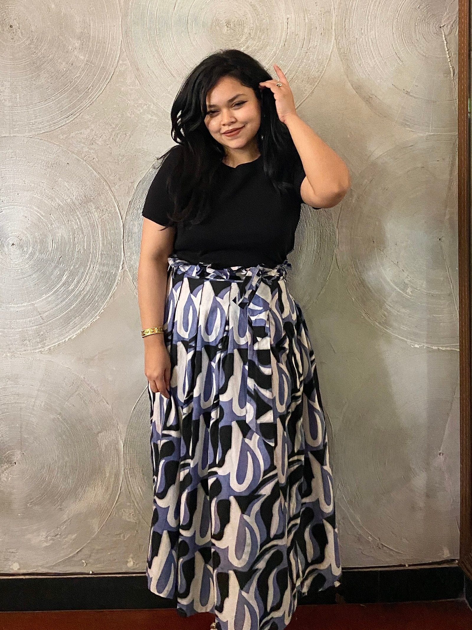 White, Blue and Black Cotton Long Skirt