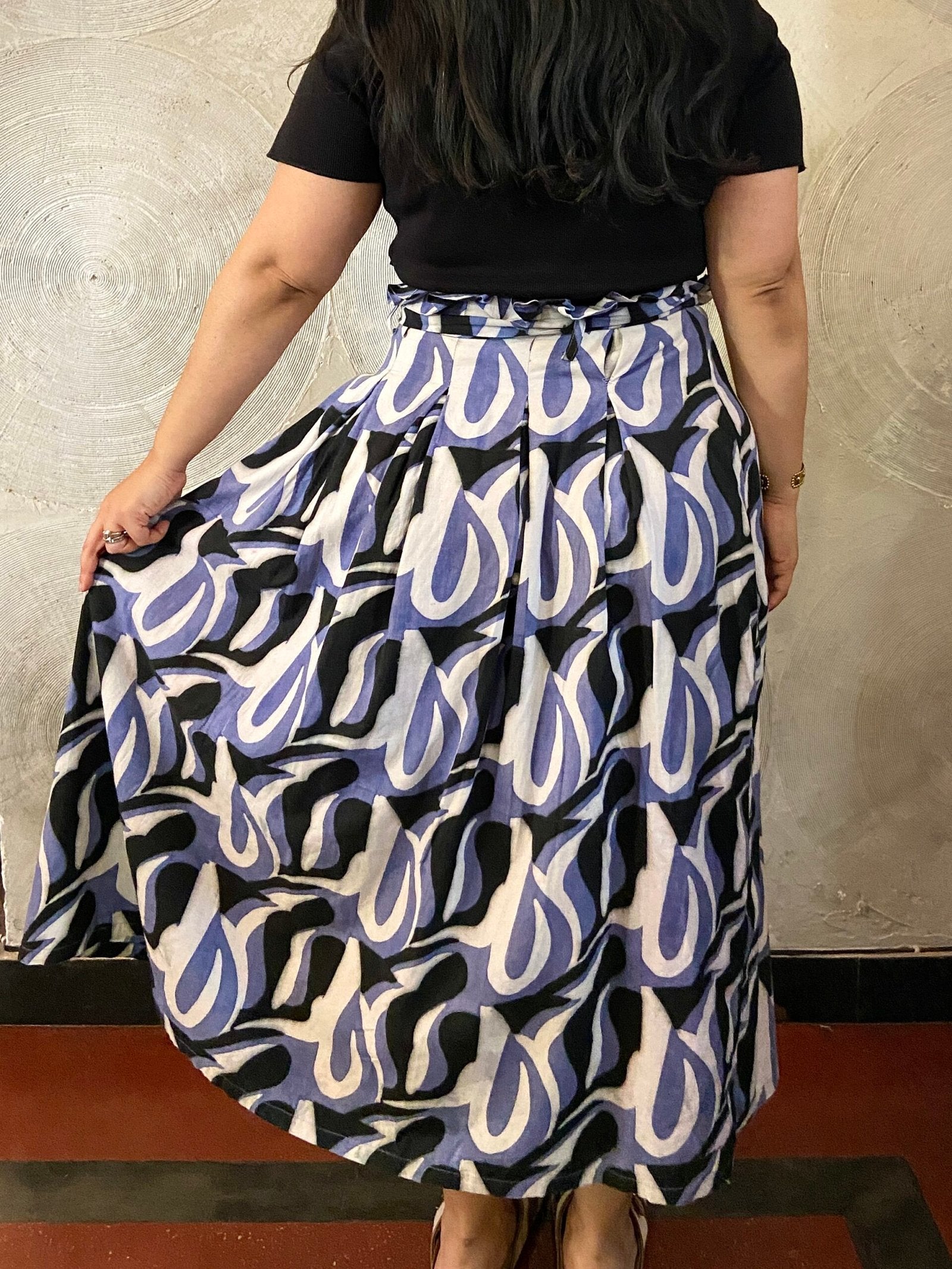 White, Blue and Black Cotton Long Skirt