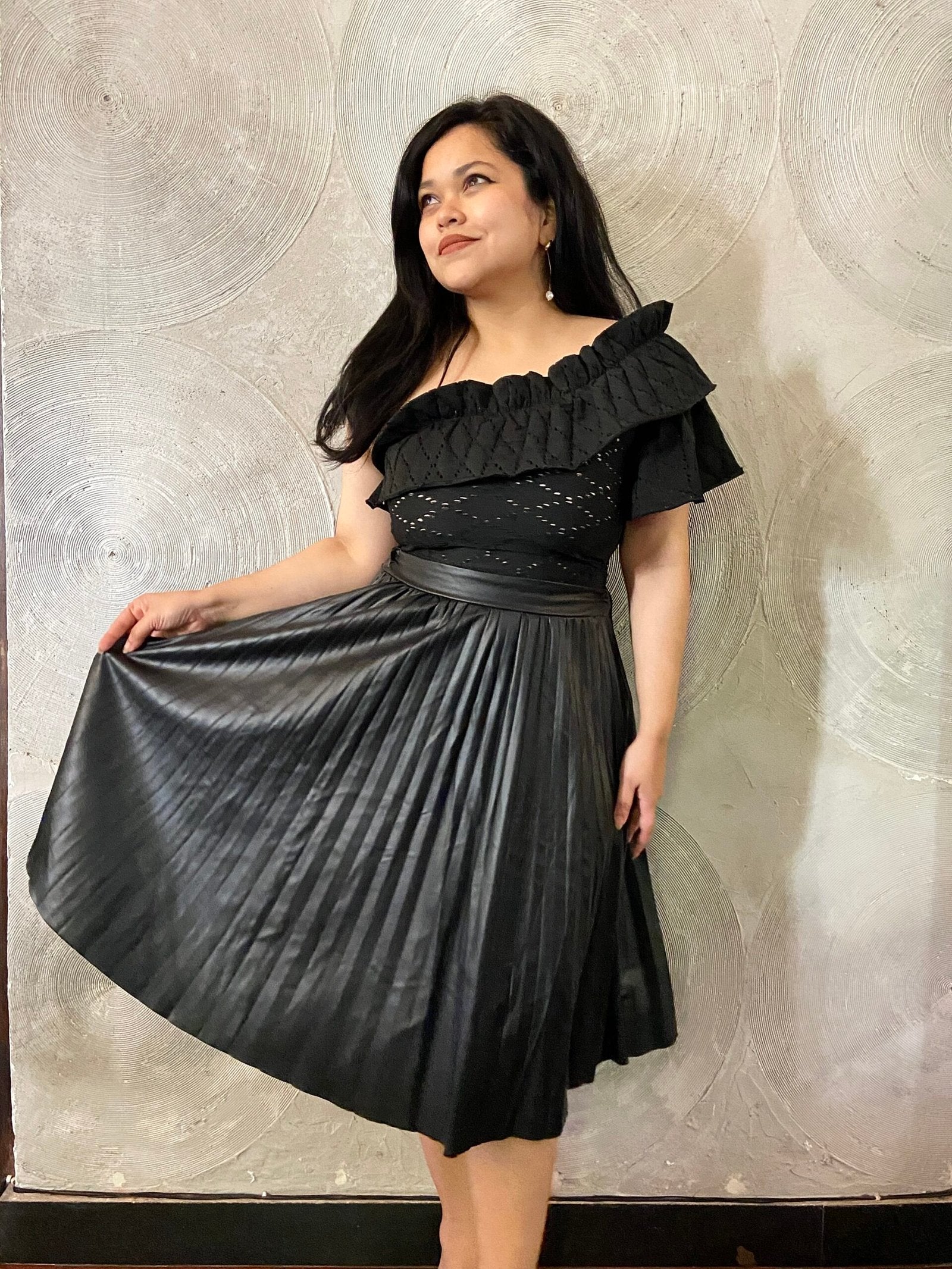Black Accordion Pleated Faux Leather Skirt