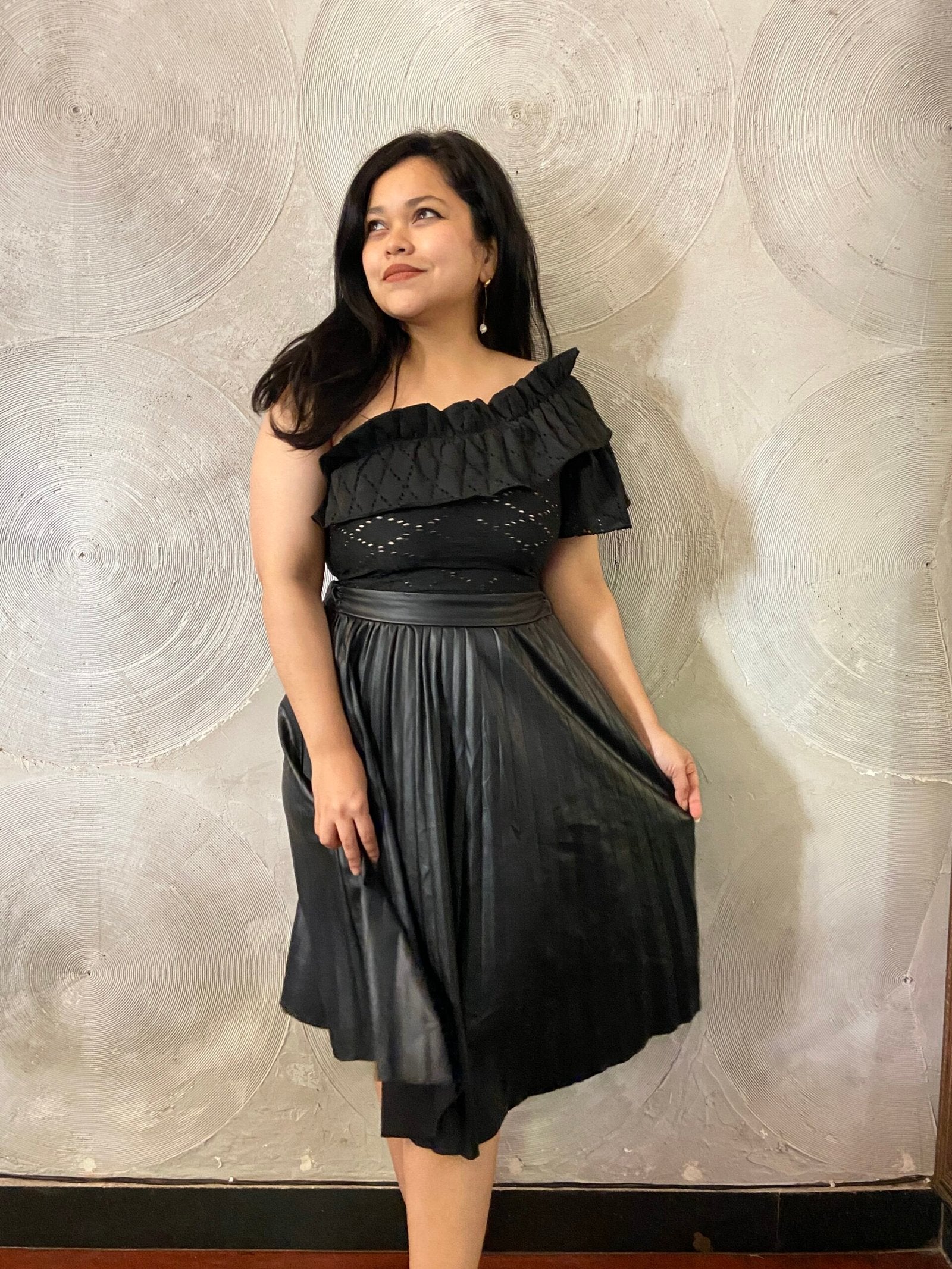 Black Accordion Pleated Faux Leather Skirt