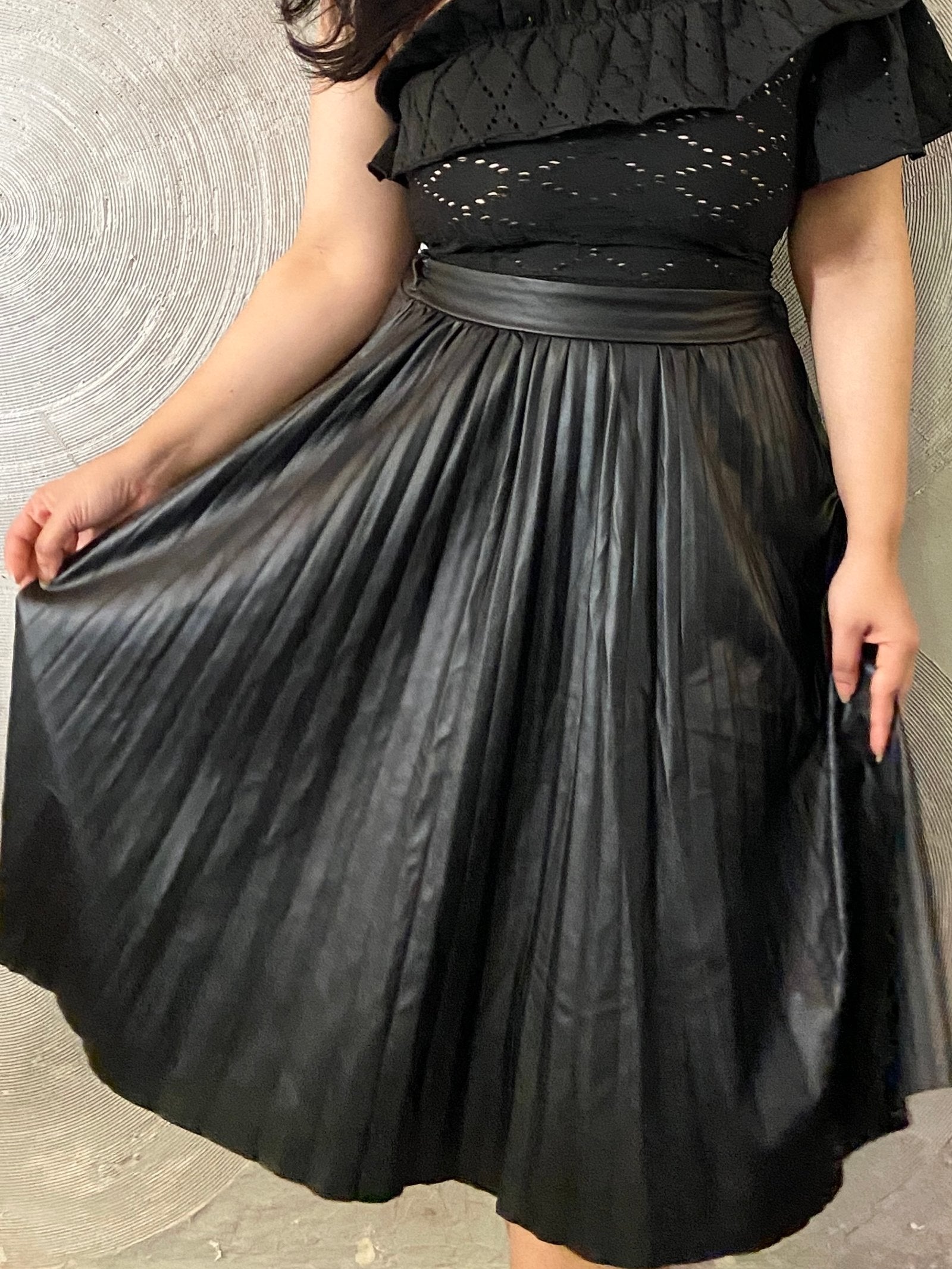 Black Accordion Pleated Faux Leather Skirt