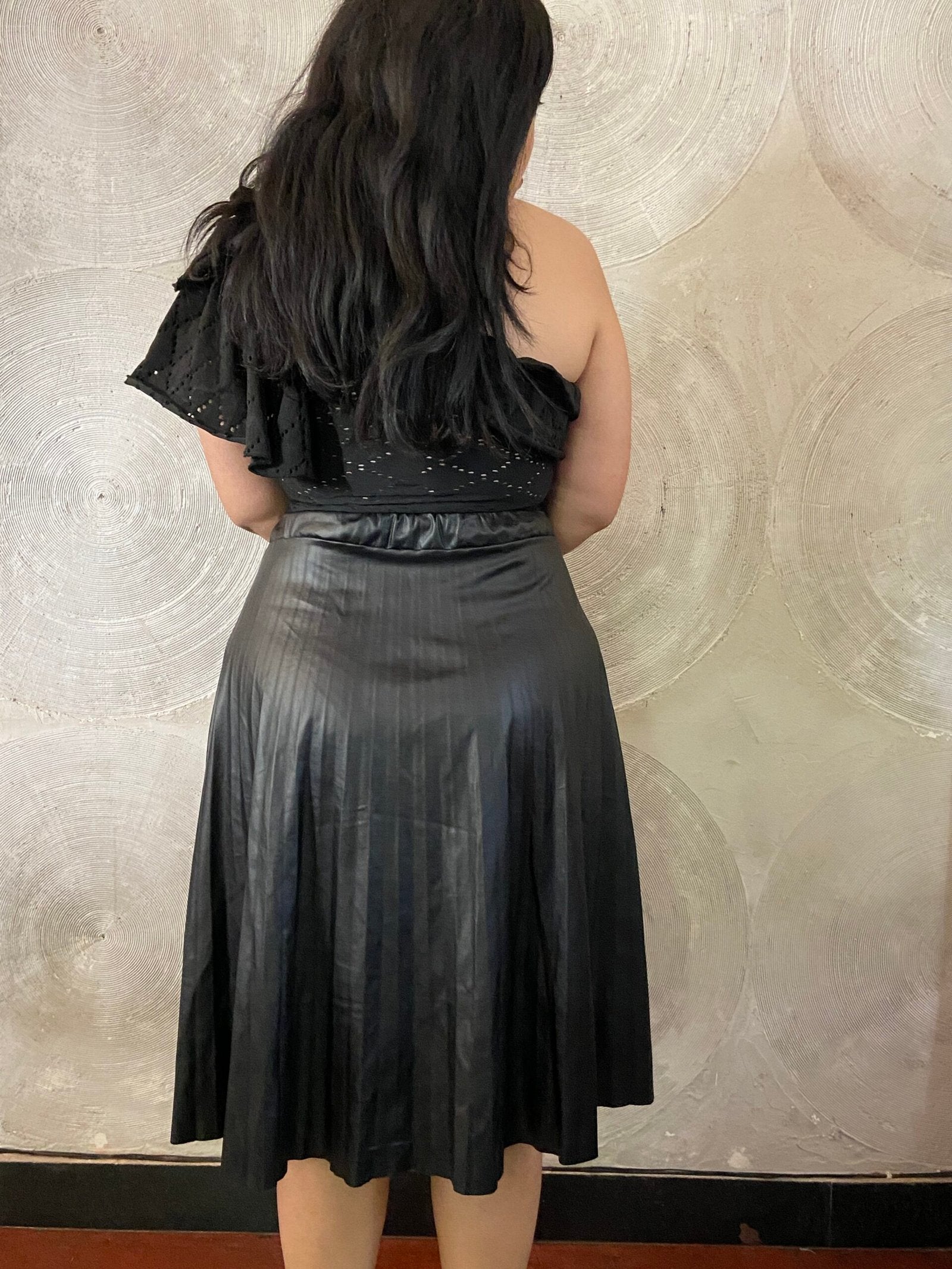 Black Accordion Pleated Faux Leather Skirt