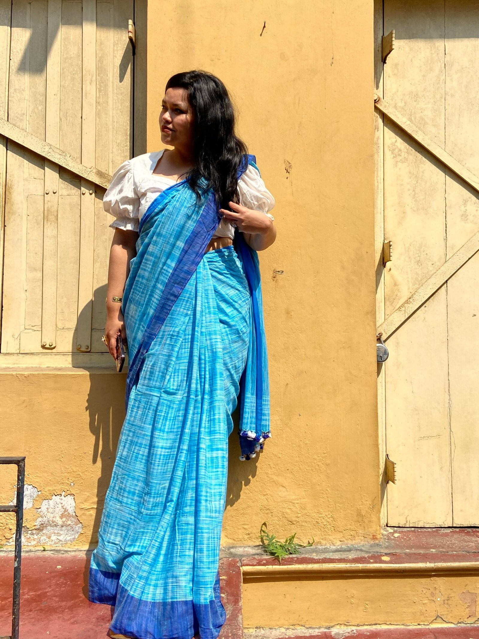 Blue & White Shaded Cotton Sari