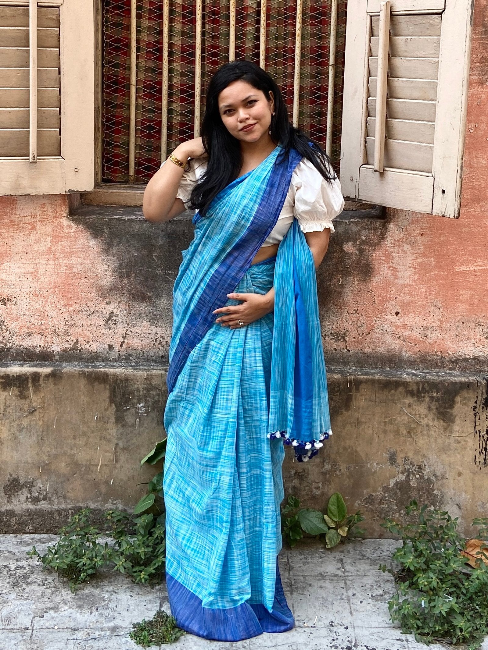 Blue & White Shaded Cotton Sari
