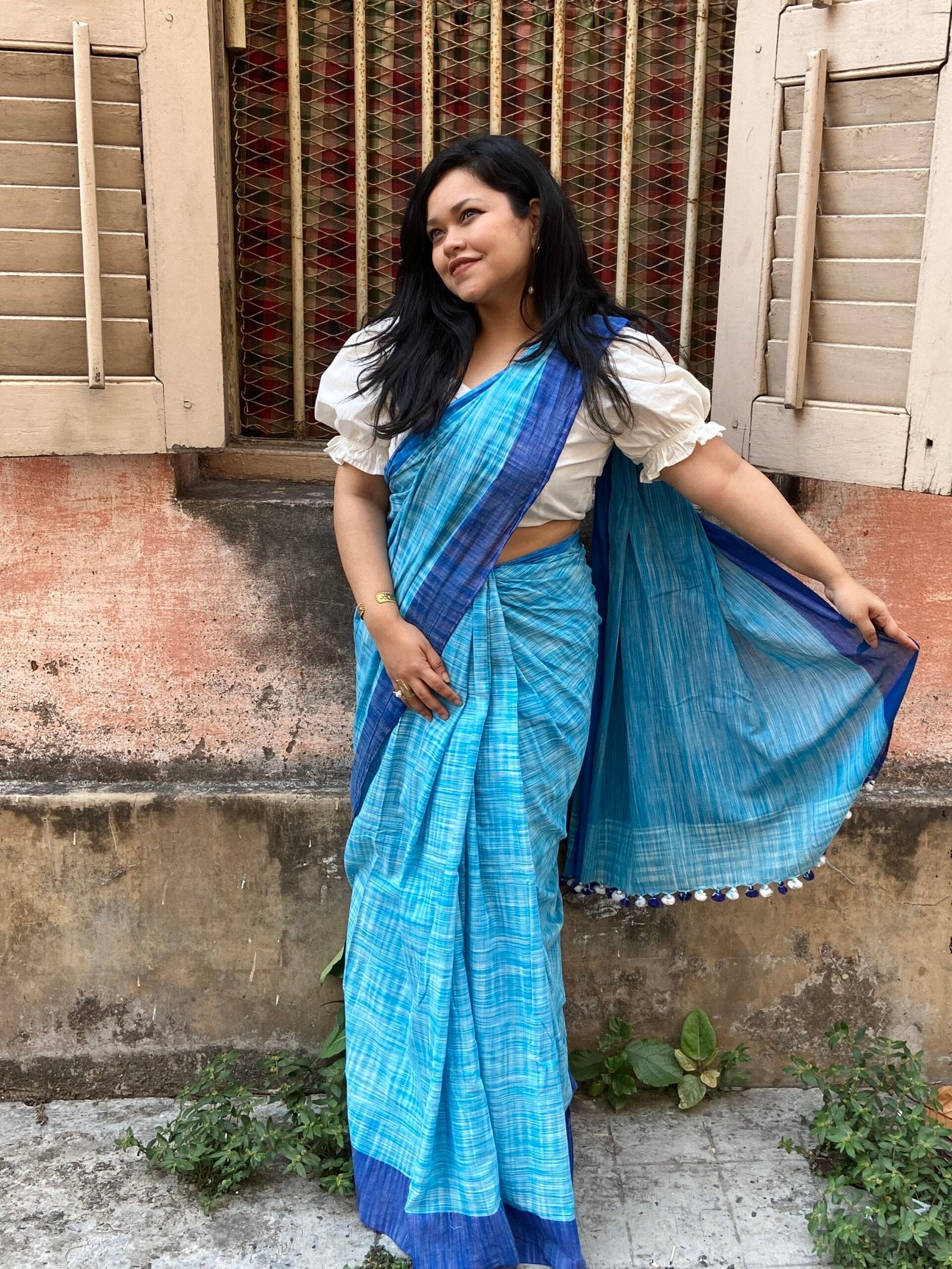 Blue & White Shaded Cotton Sari