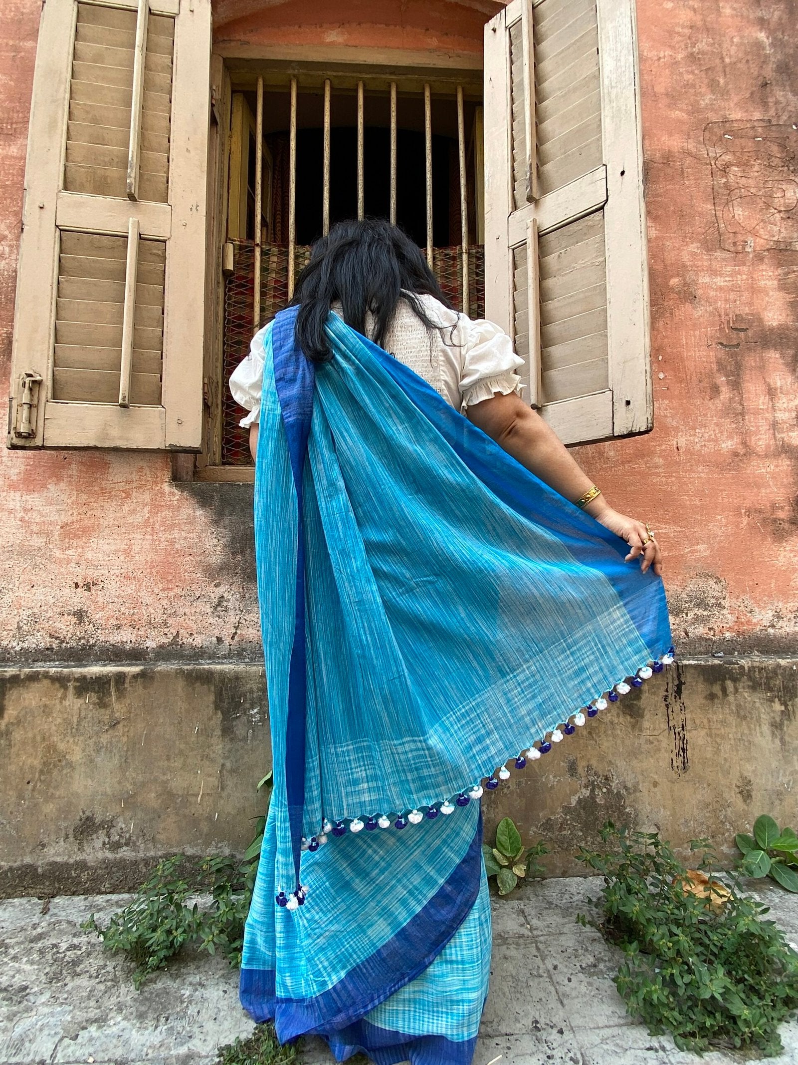 Blue & White Shaded Cotton Sari