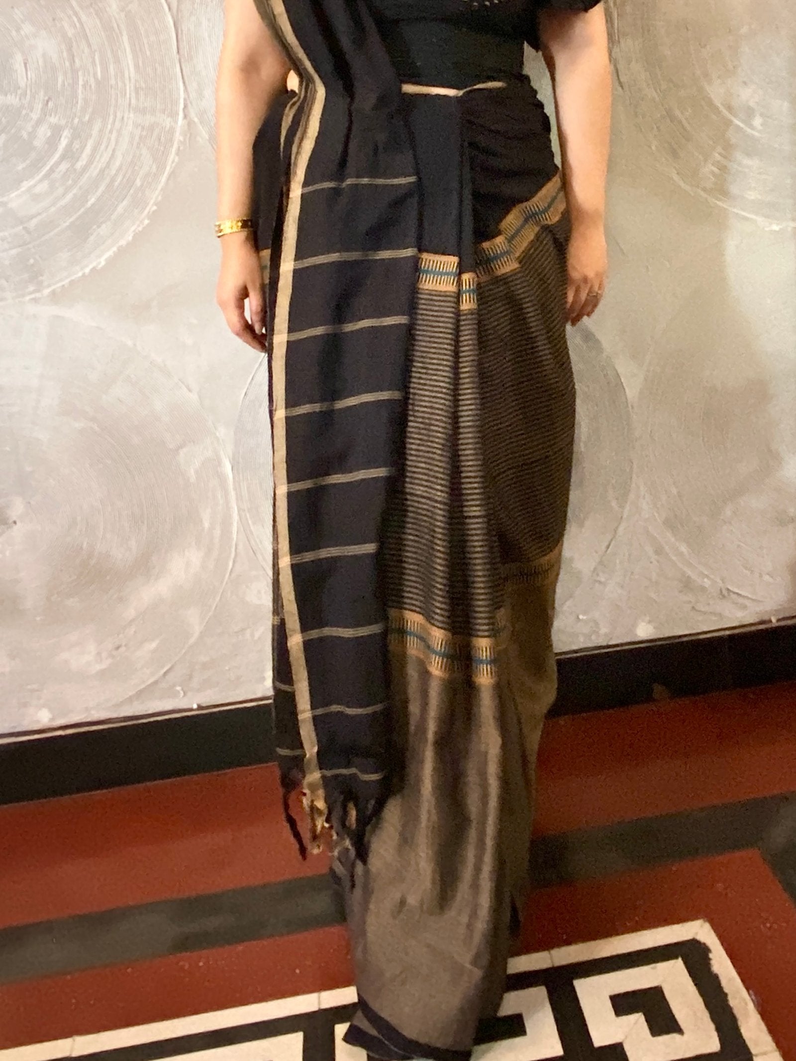 Black Pure Cotton Sari with Beige, Yellow & Blue Stripes