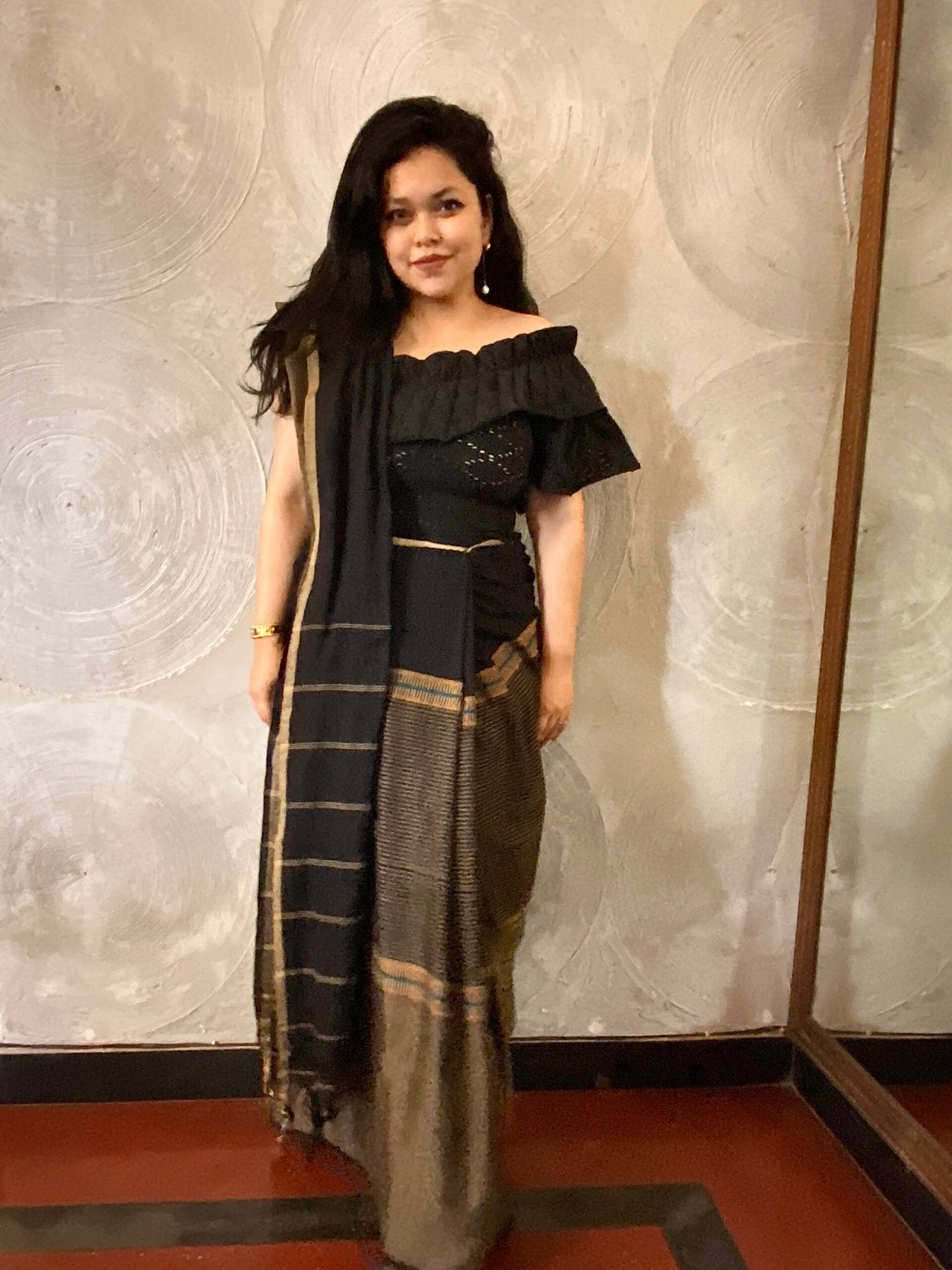 Black Pure Cotton Sari with Beige, Yellow & Blue Stripes