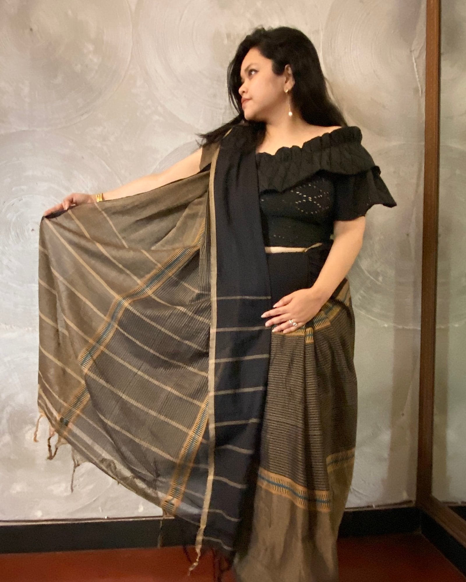 Black Pure Cotton Sari with Beige, Yellow & Blue Stripes
