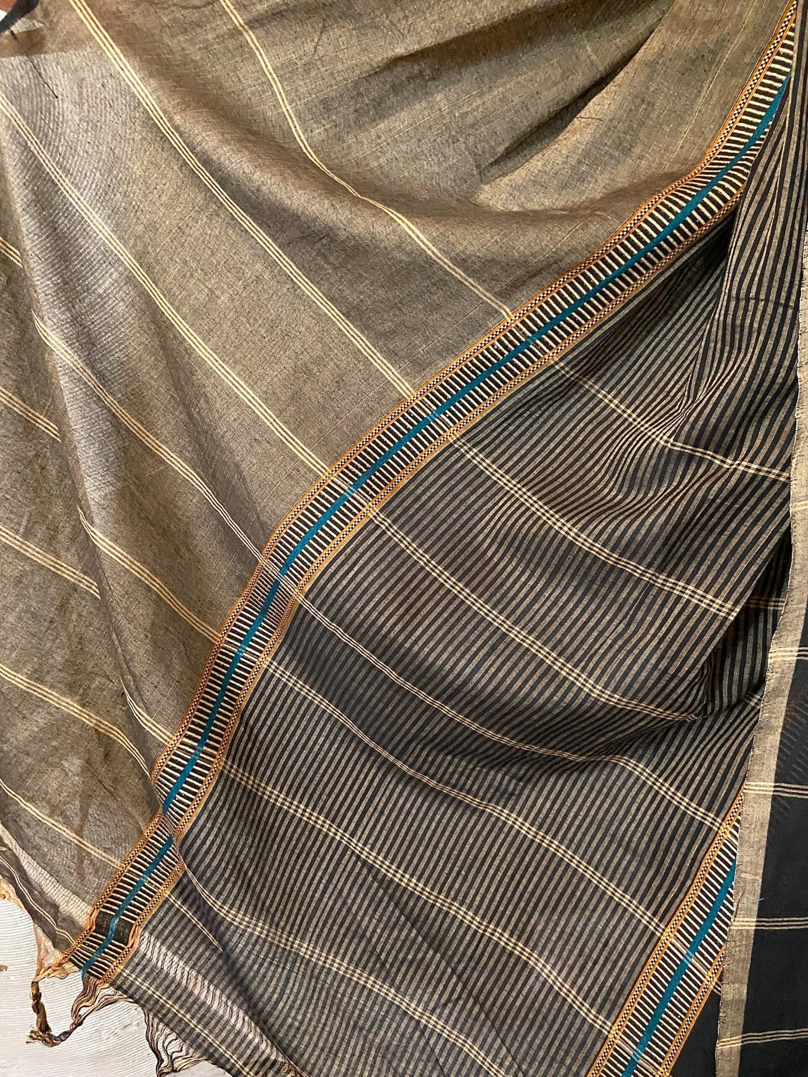 Black Pure Cotton Sari with Beige, Yellow & Blue Stripes