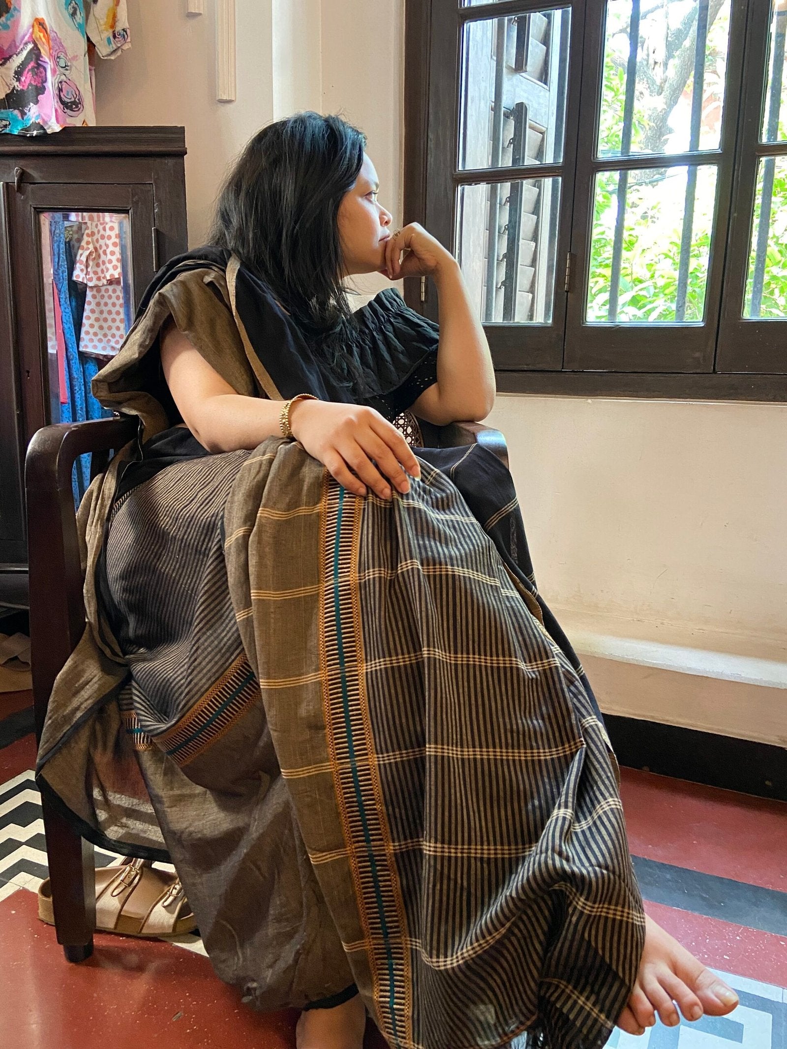 Black Pure Cotton Sari with Beige, Yellow & Blue Stripes