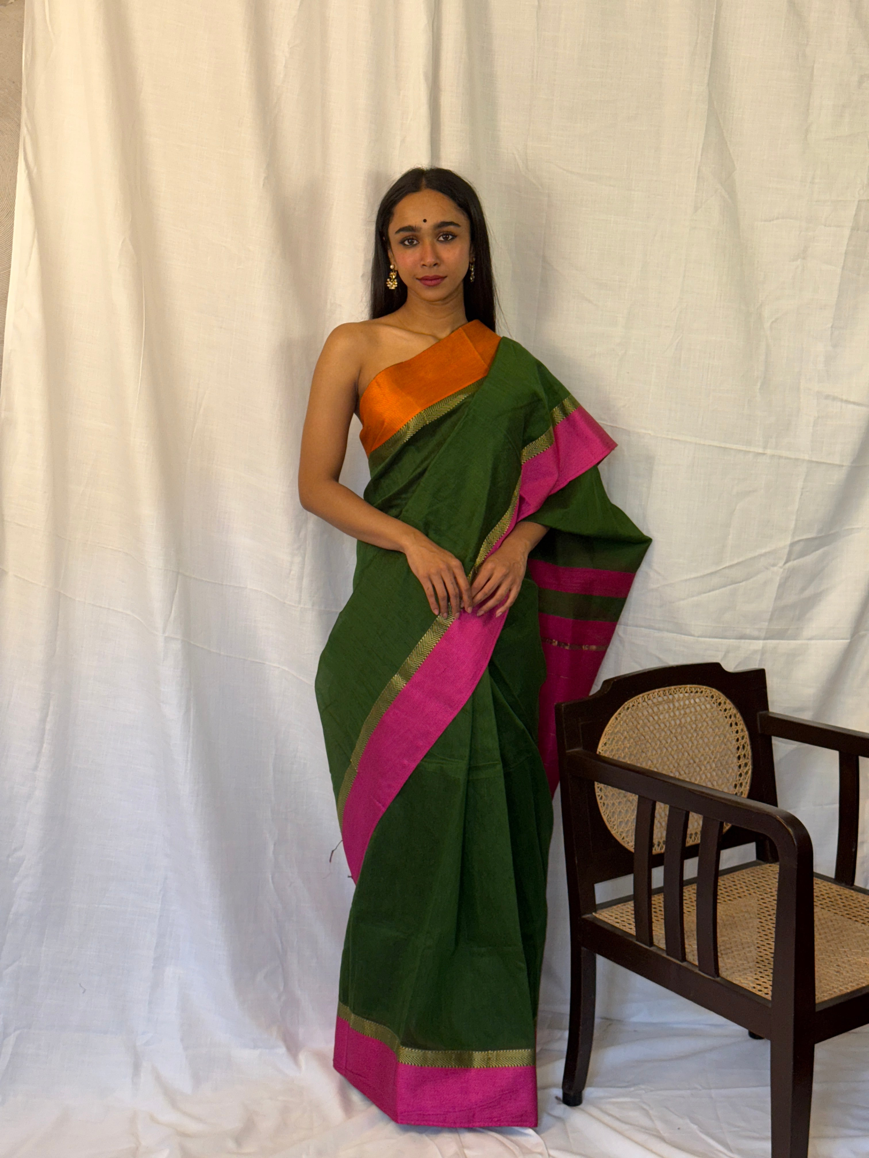 Green Cotton Sari with Pink and Orange Border
