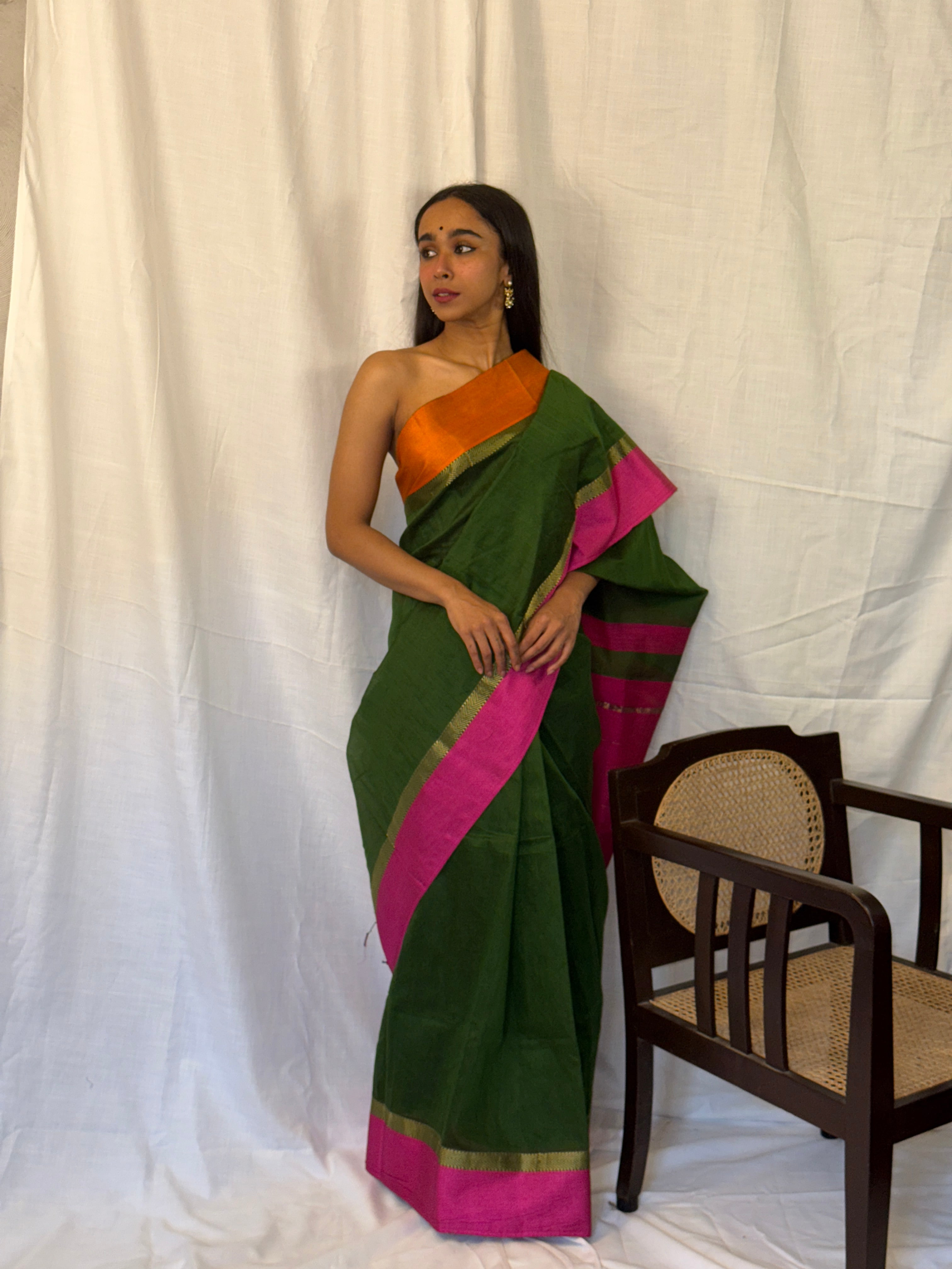 Green Cotton Sari with Pink and Orange Border