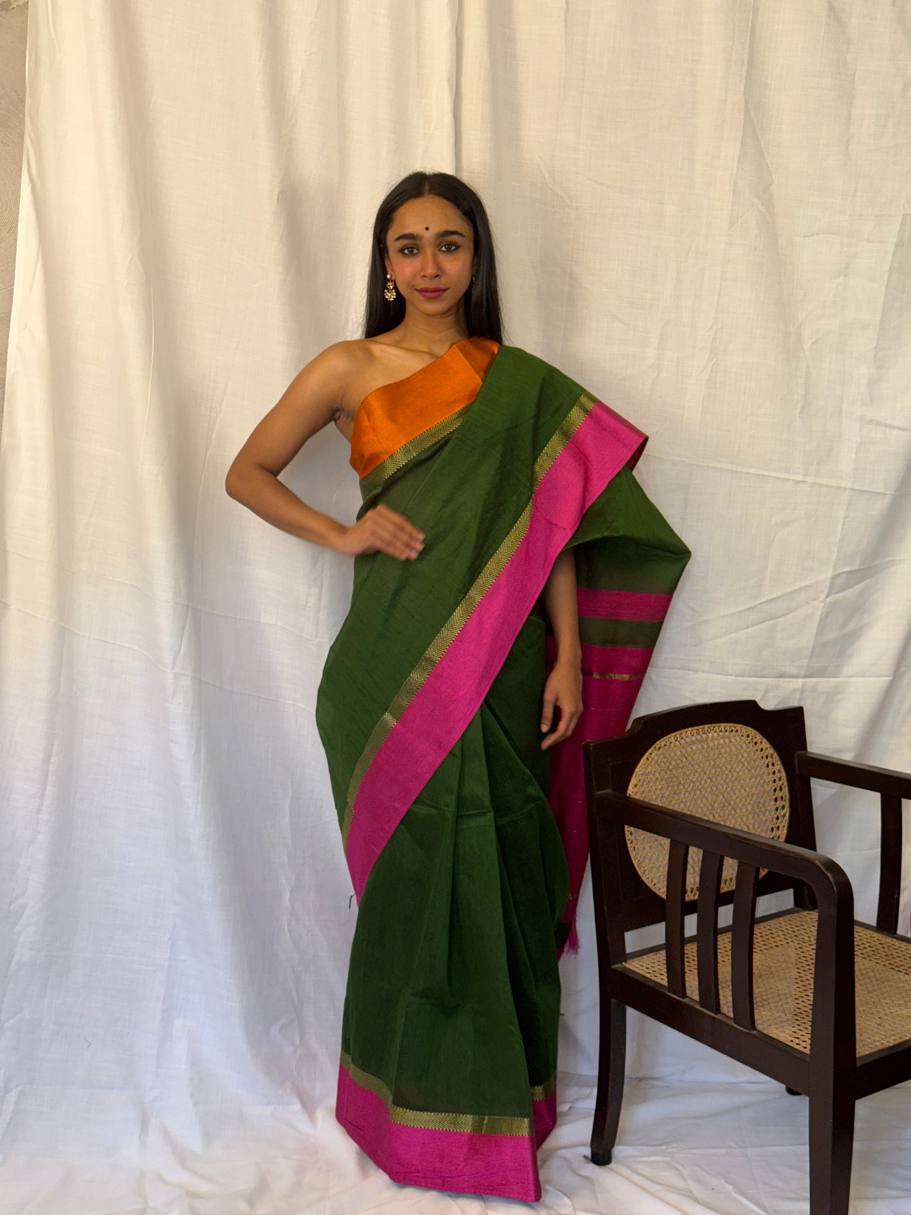 Green Cotton Sari with Pink and Orange Border