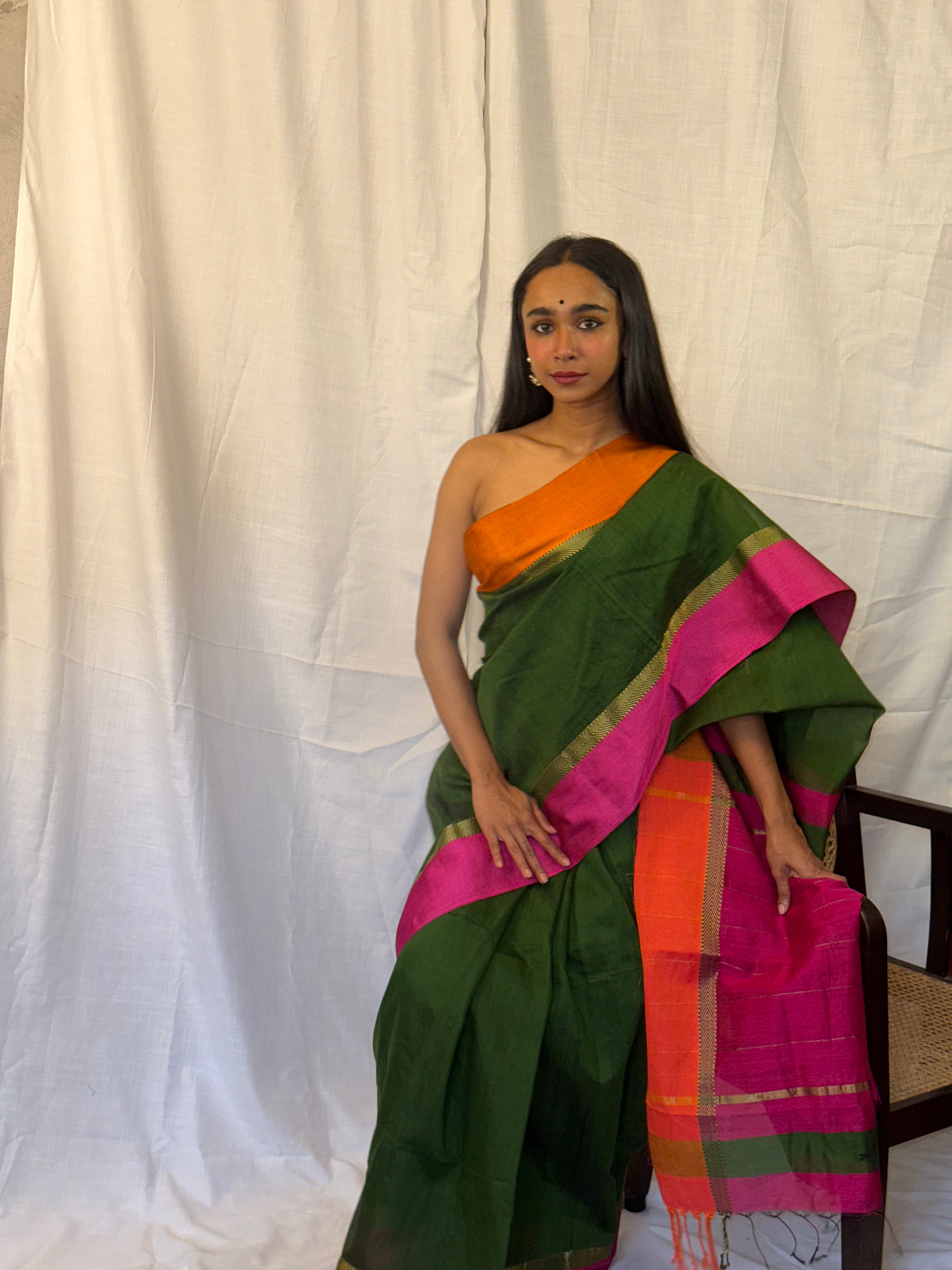 Green Cotton Sari with Pink and Orange Border