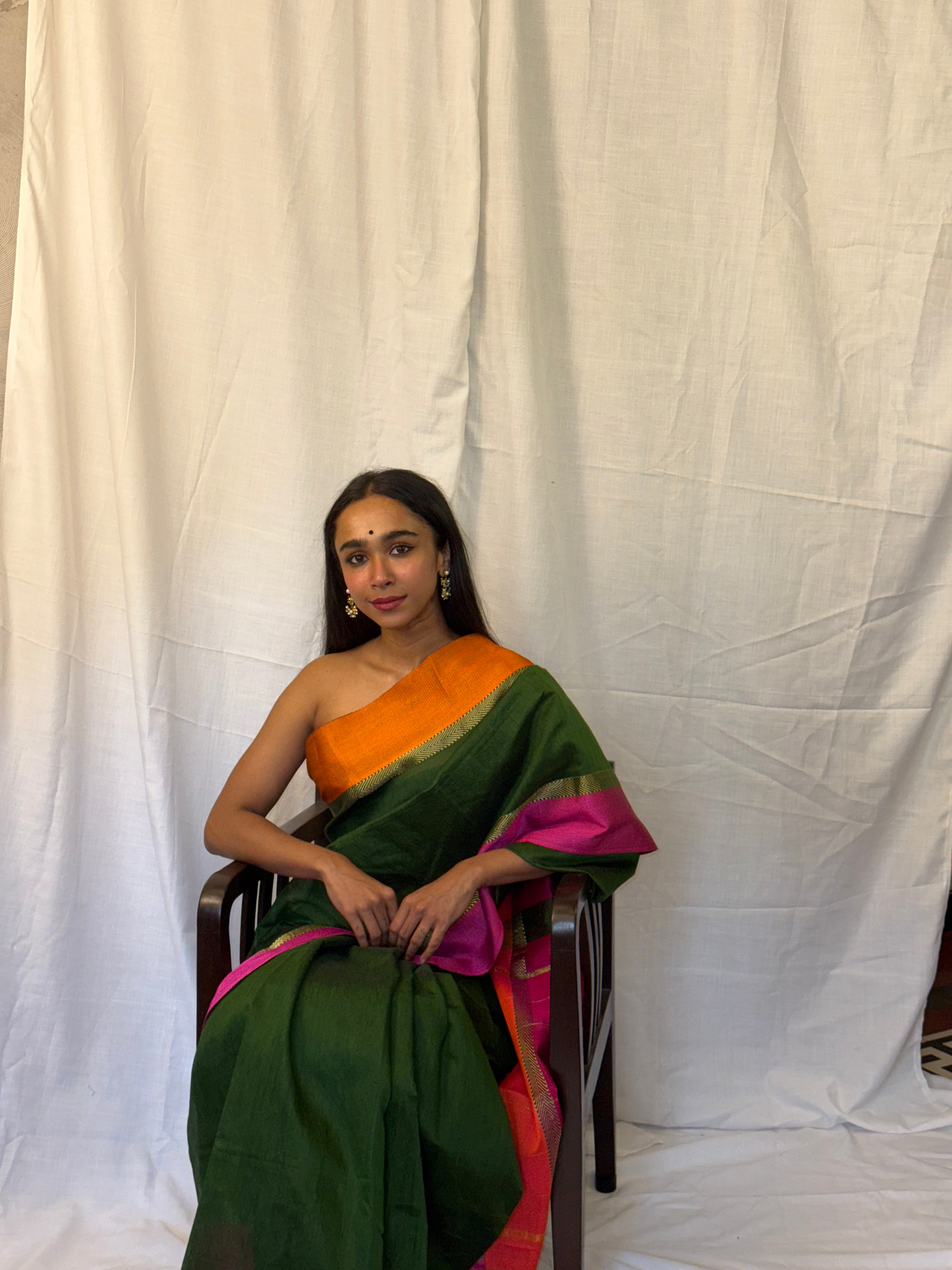 Green Cotton Sari with Pink and Orange Border
