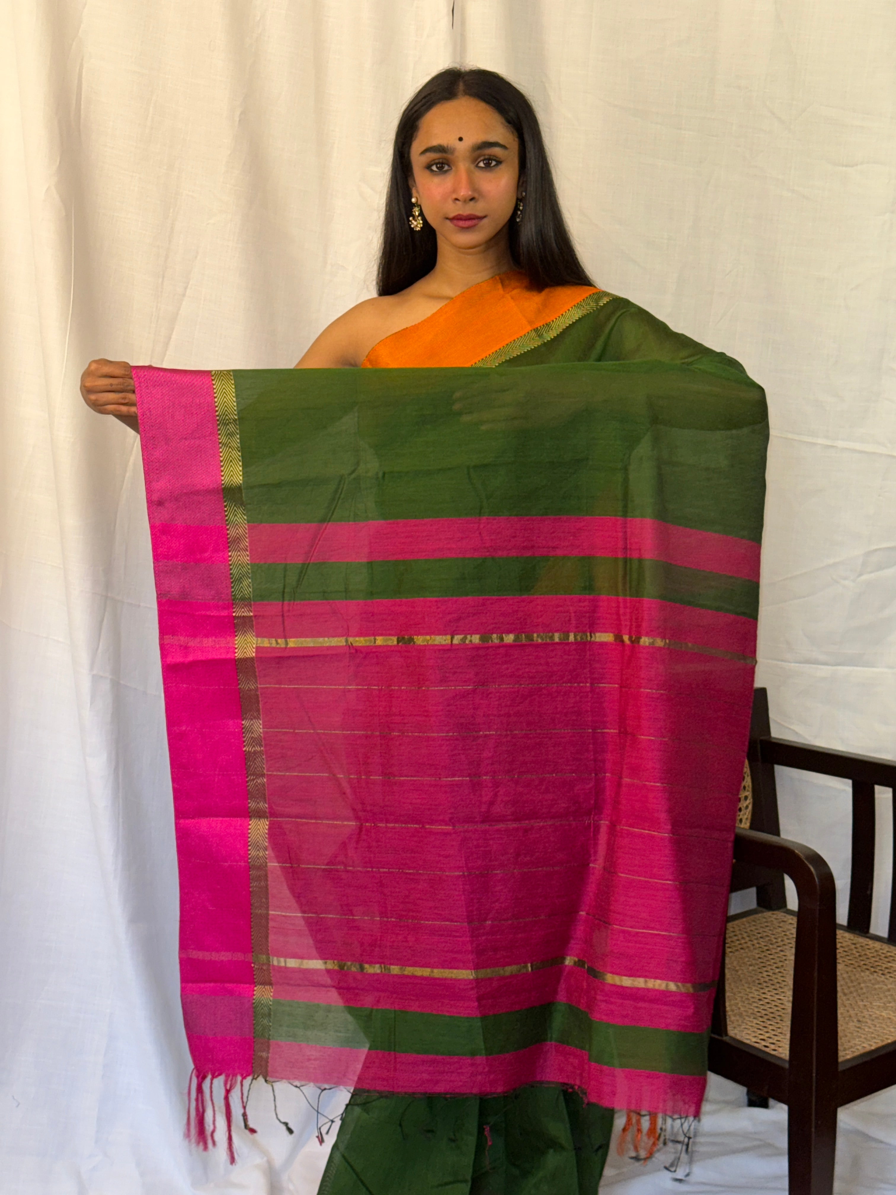 Green Cotton Sari with Pink and Orange Border