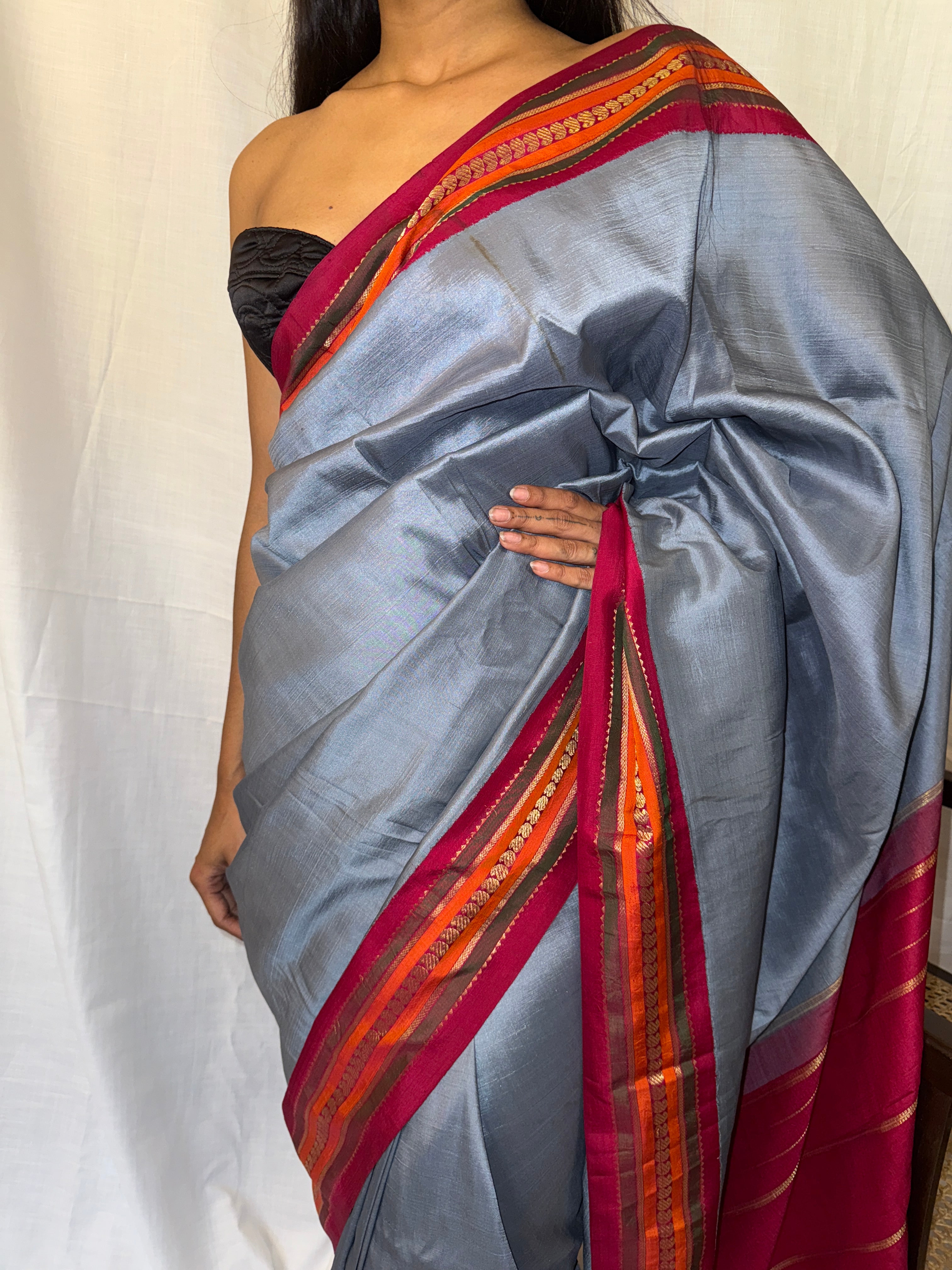Grey Sari with Maroon Border