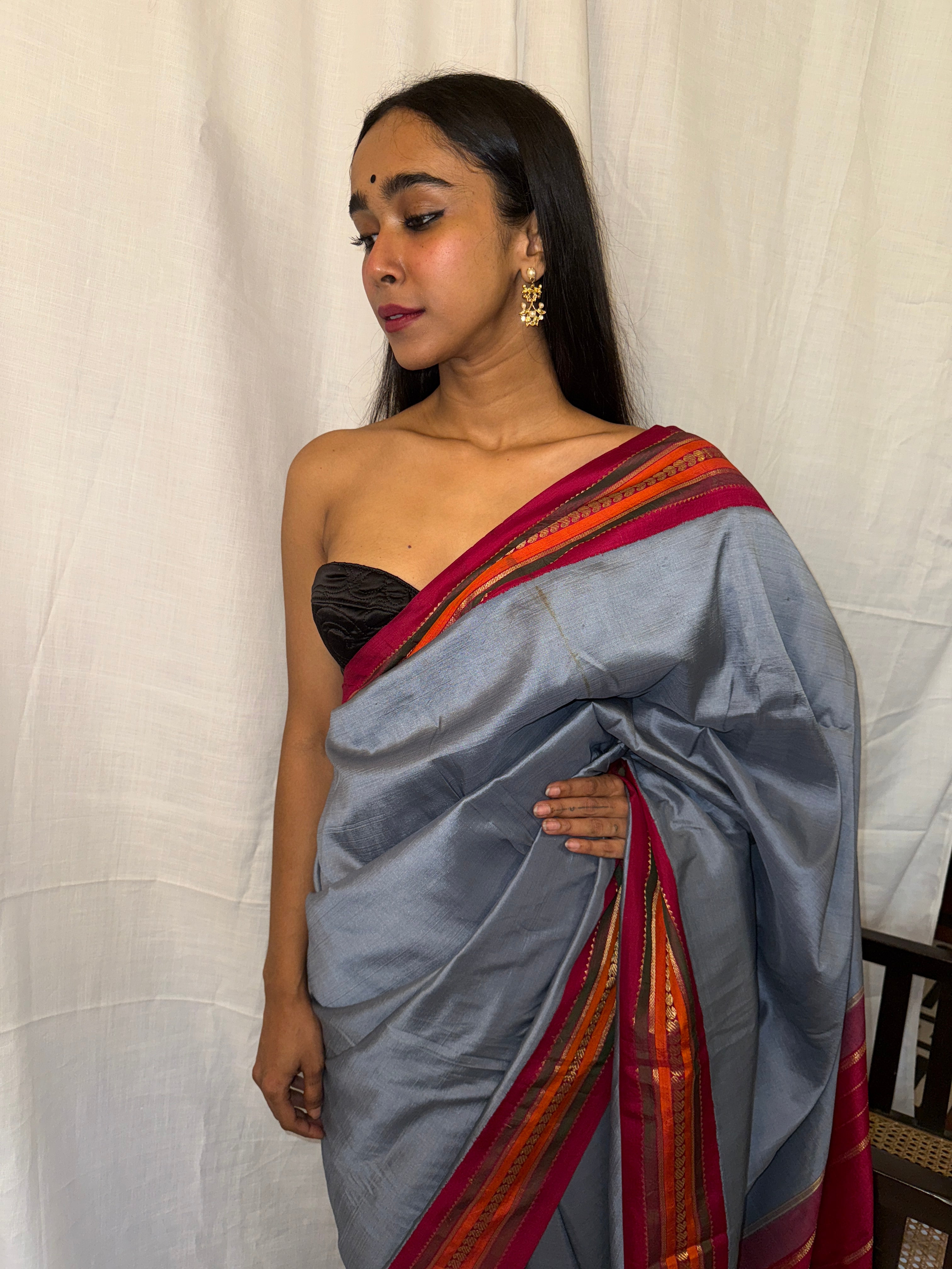 Grey Sari with Maroon Border
