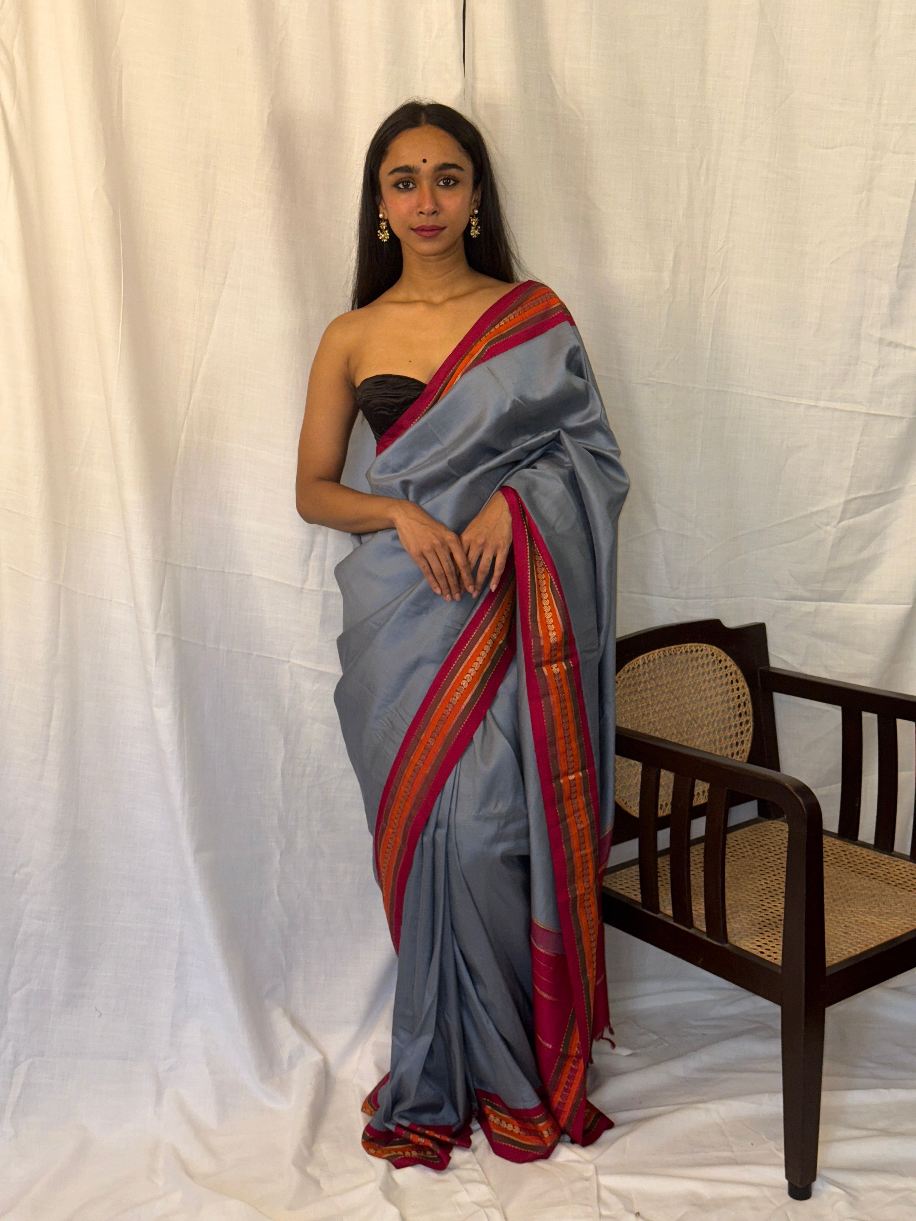 Grey Sari with Maroon Border
