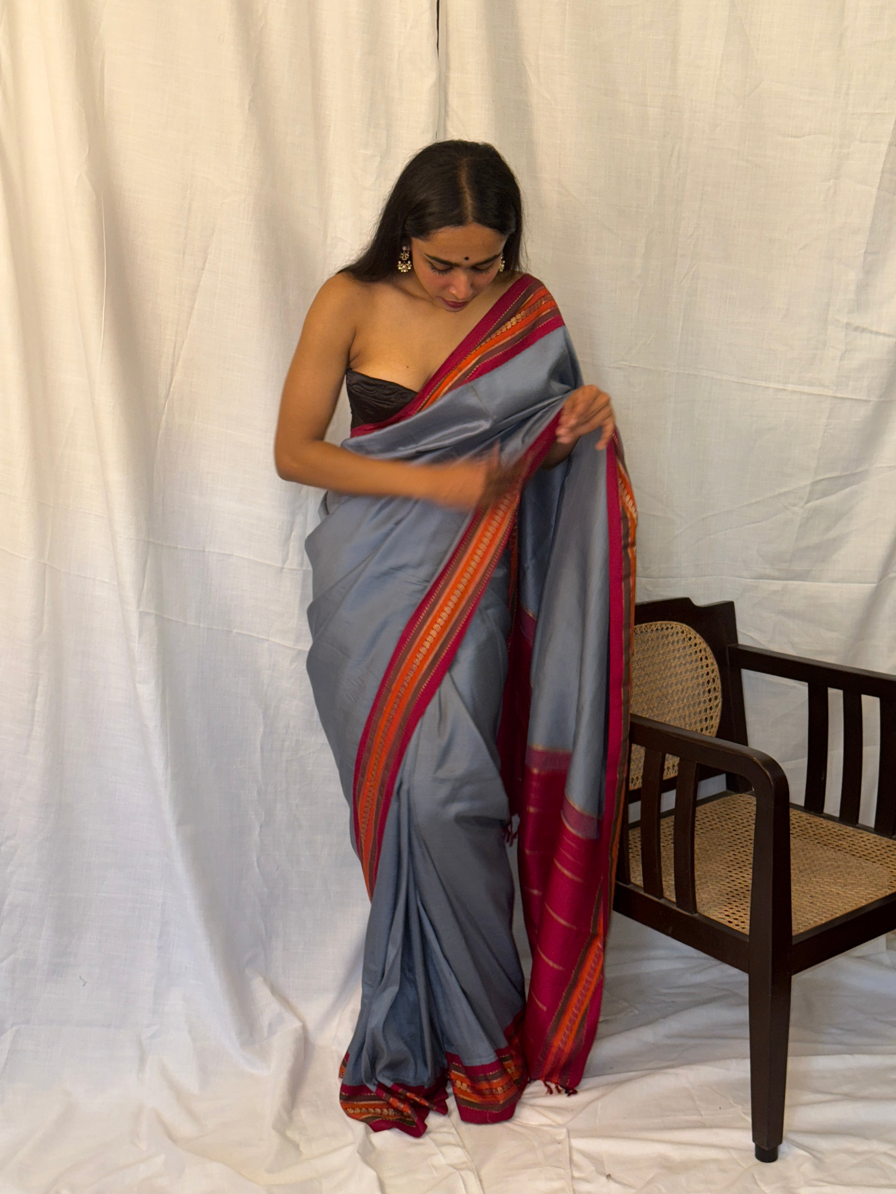 Grey Sari with Maroon Border