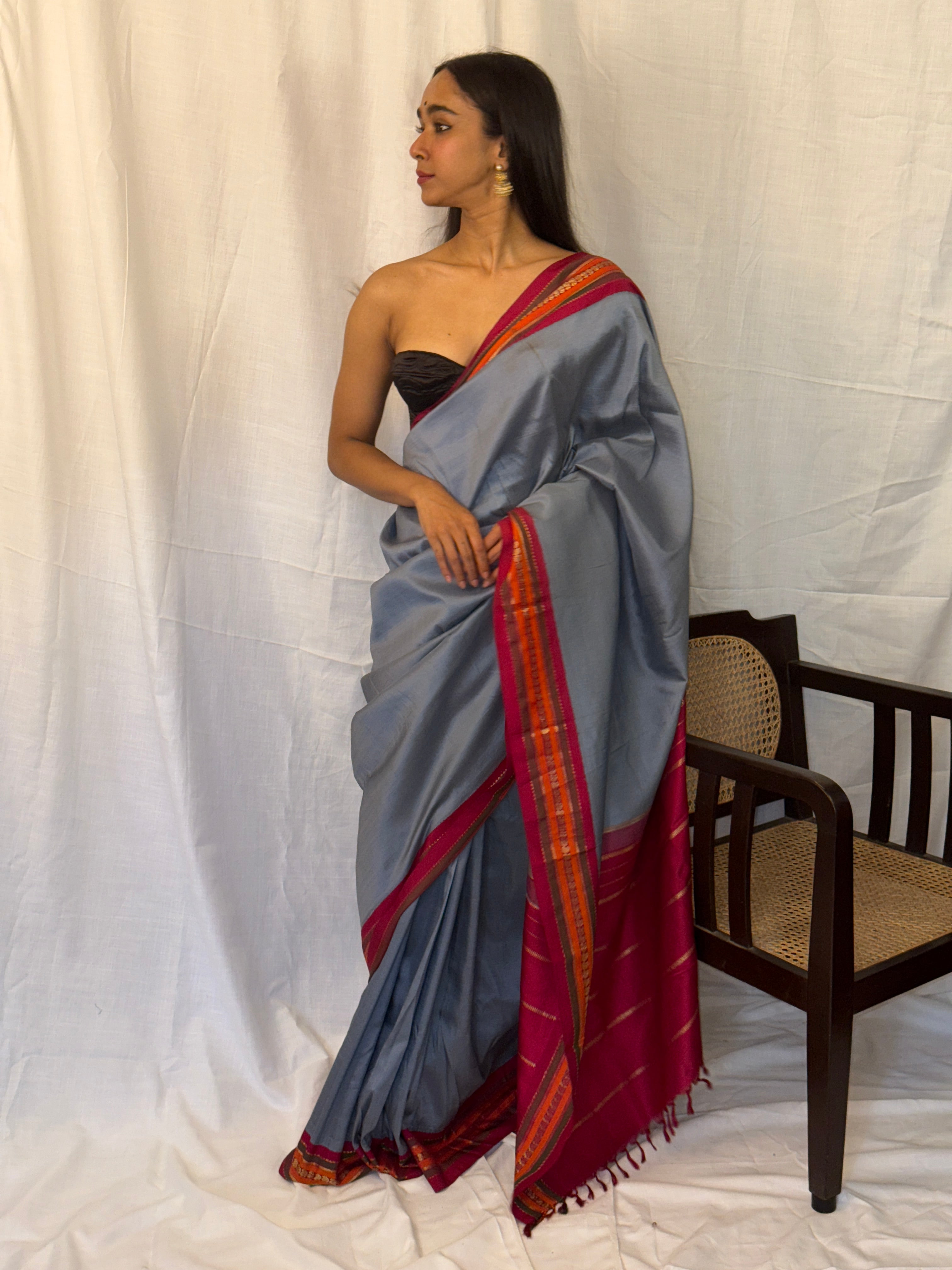 Grey Sari with Maroon Border
