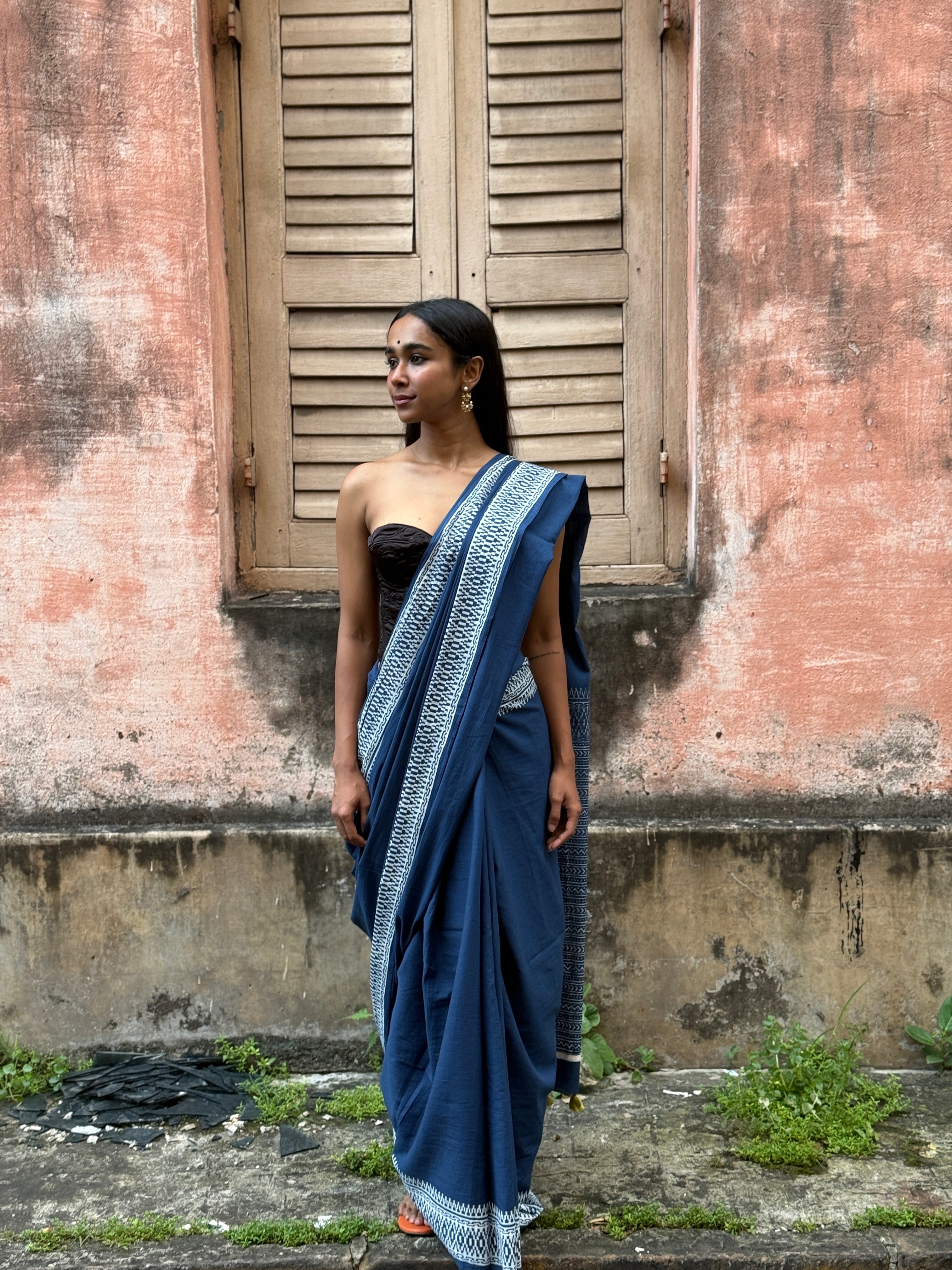 Blue Cotton Sari with White Border