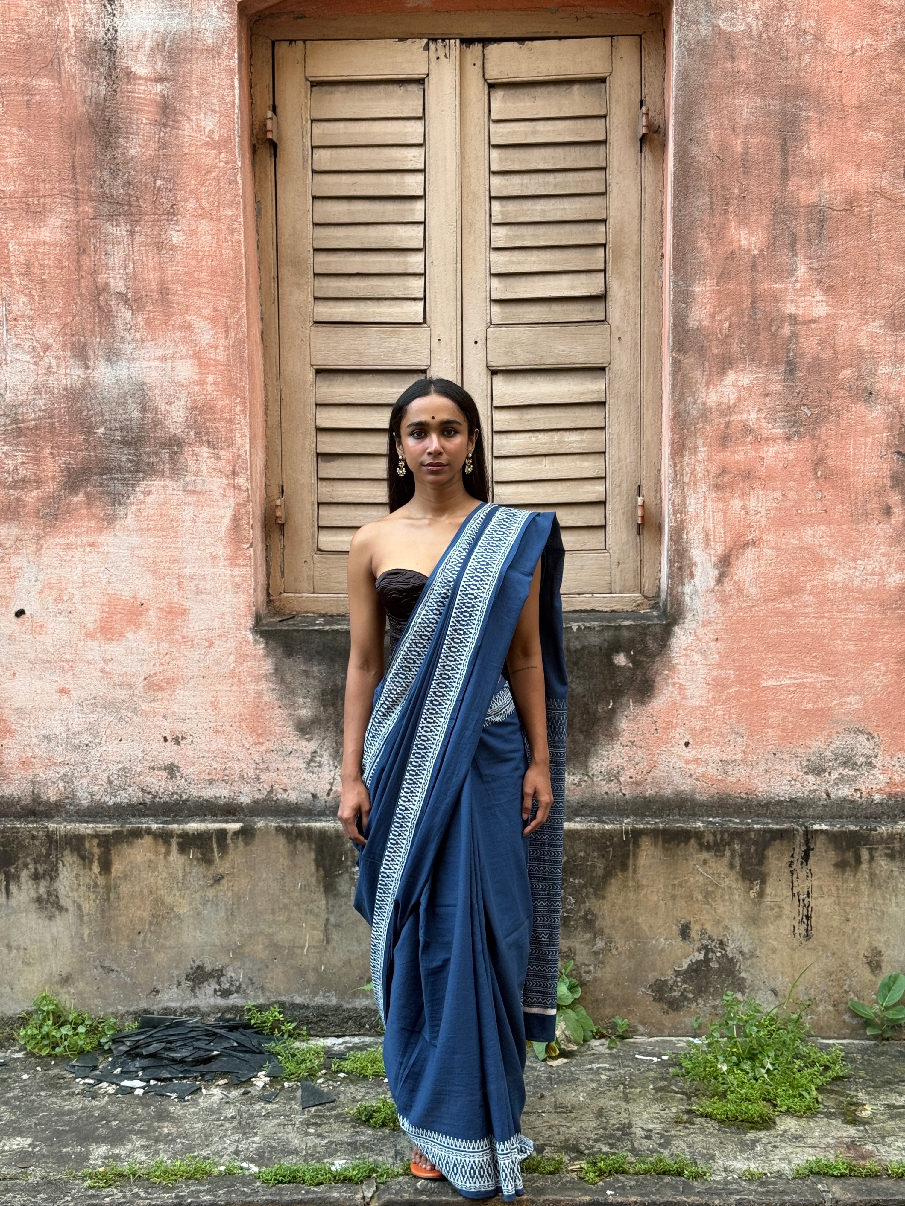 Blue Cotton Sari with White Border