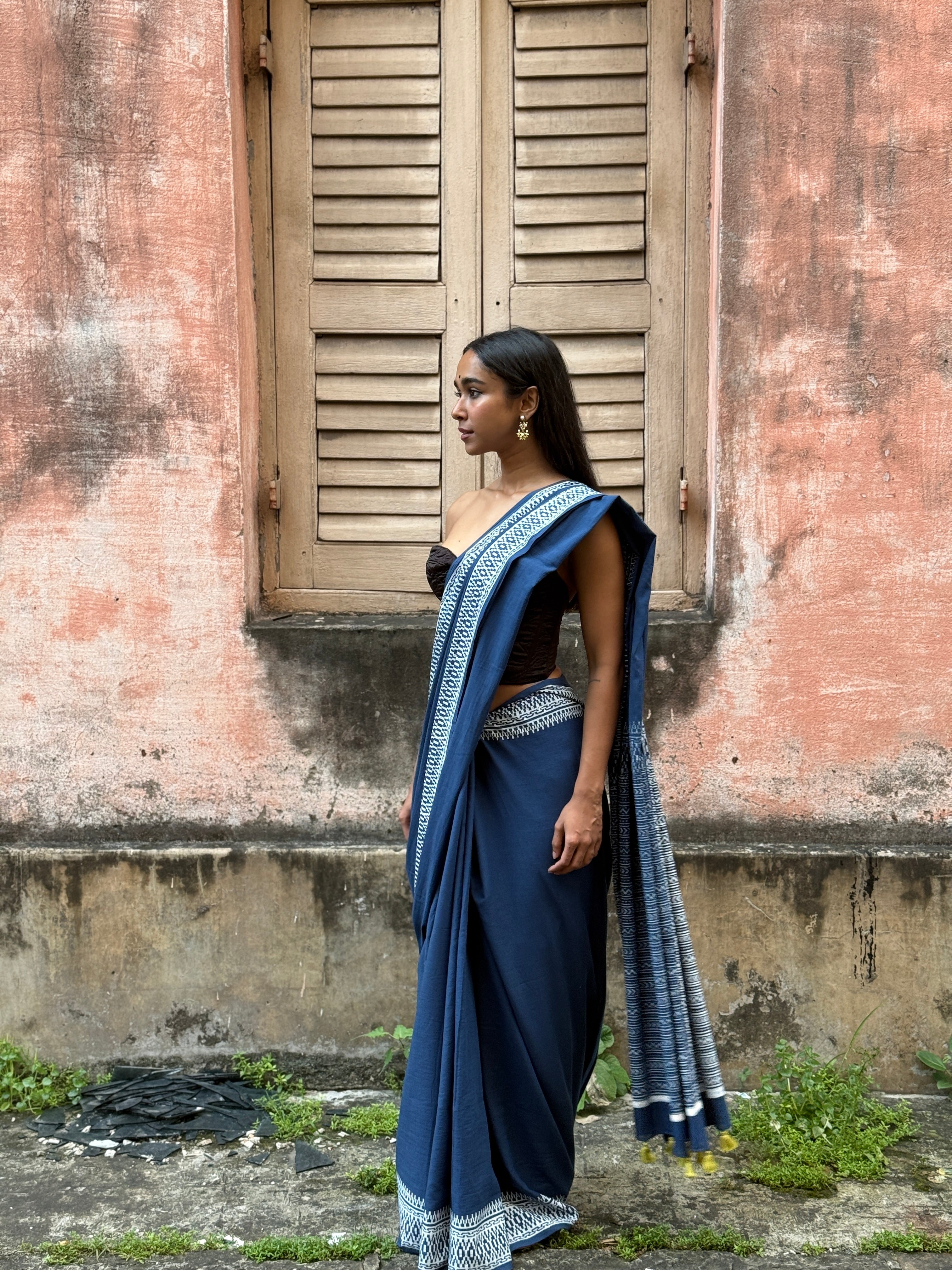 Blue Cotton Sari with White Border