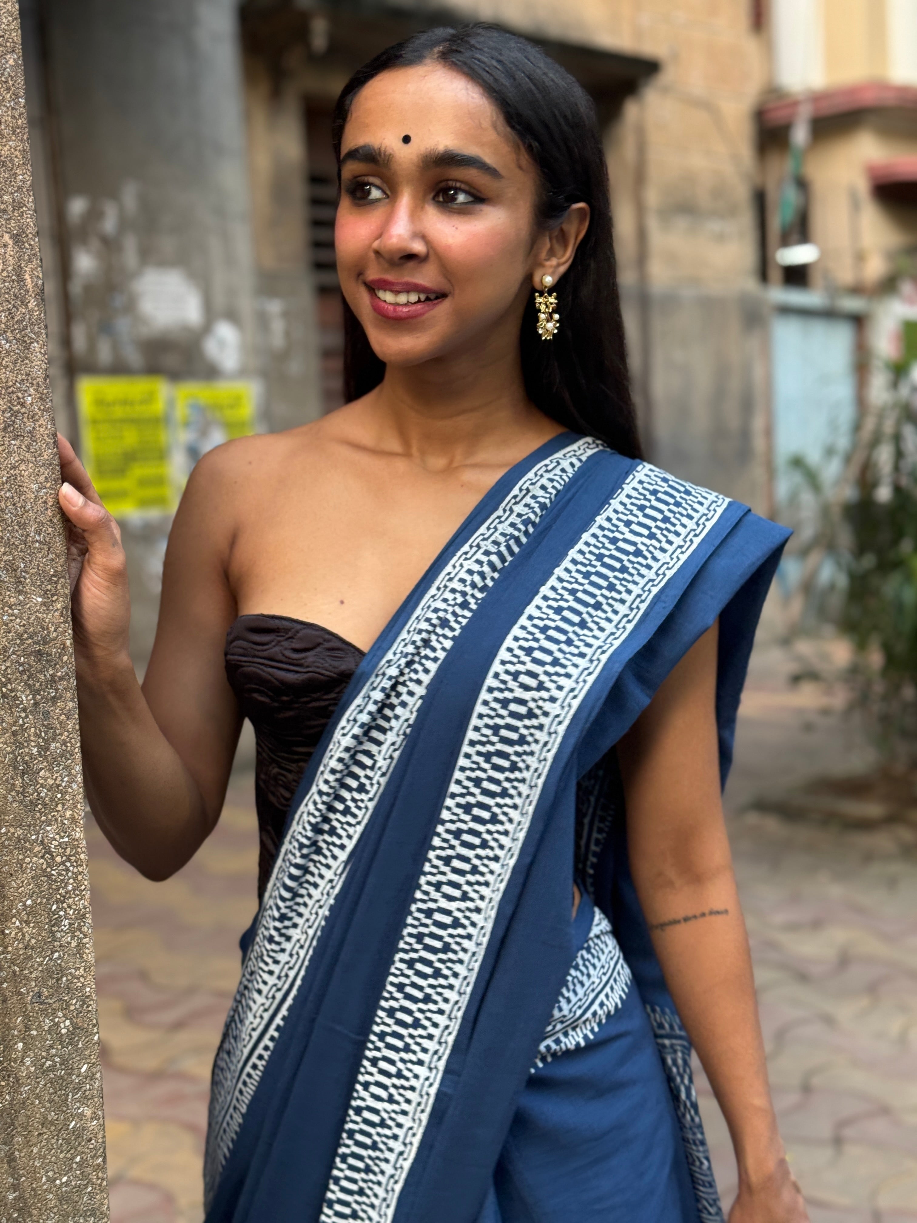 Blue Cotton Sari with White Border