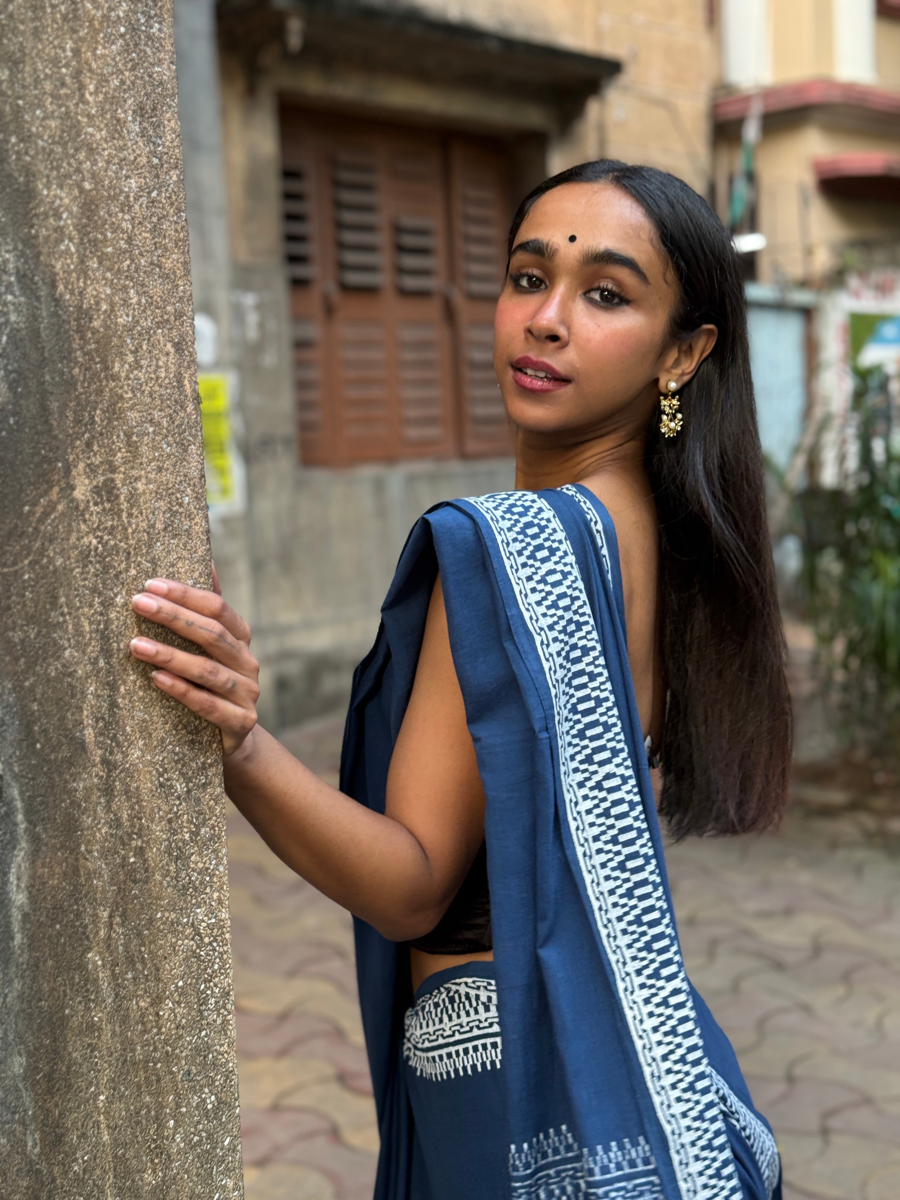 Blue Cotton Sari with White Border