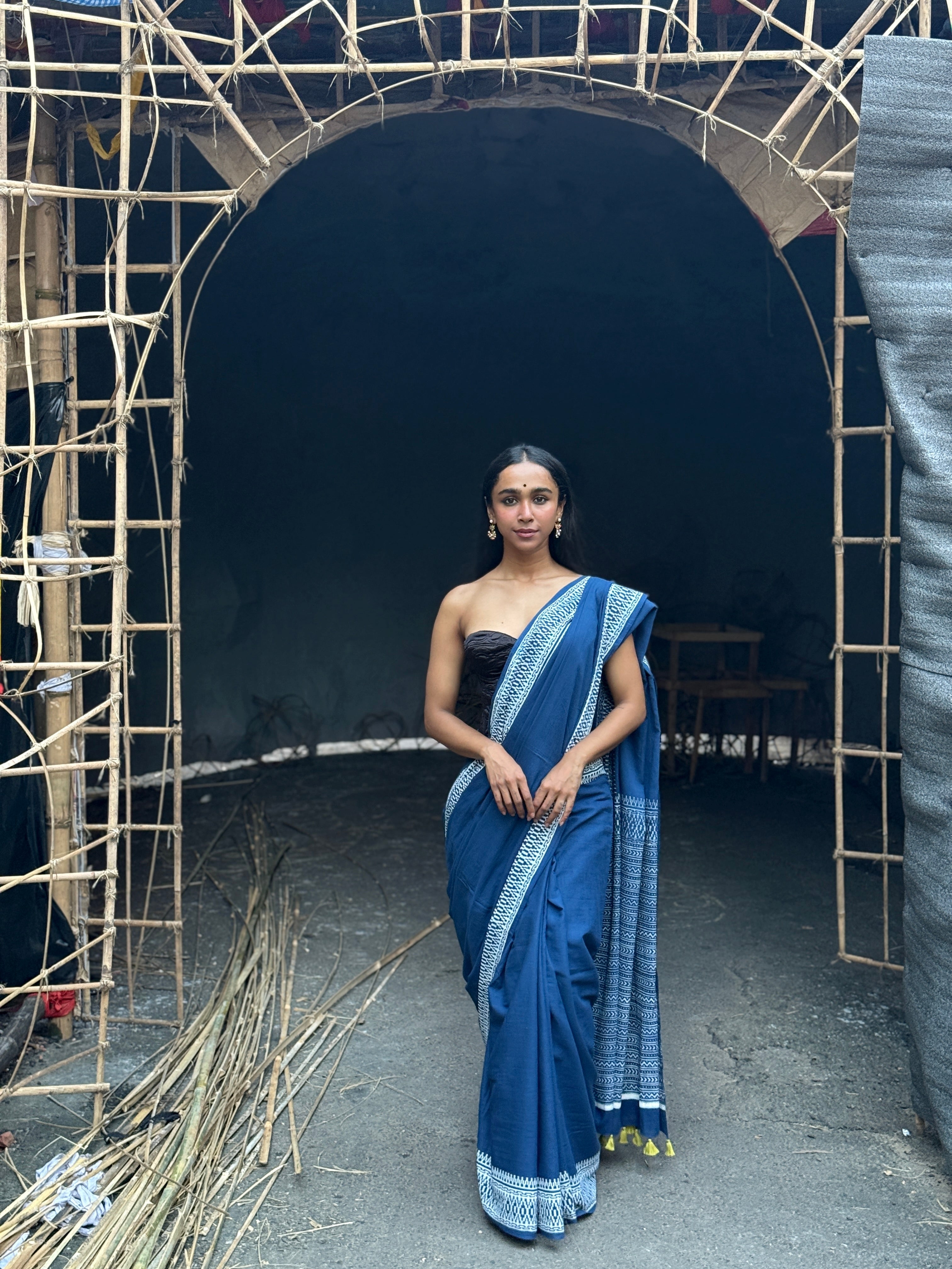 Blue Cotton Sari with White Border