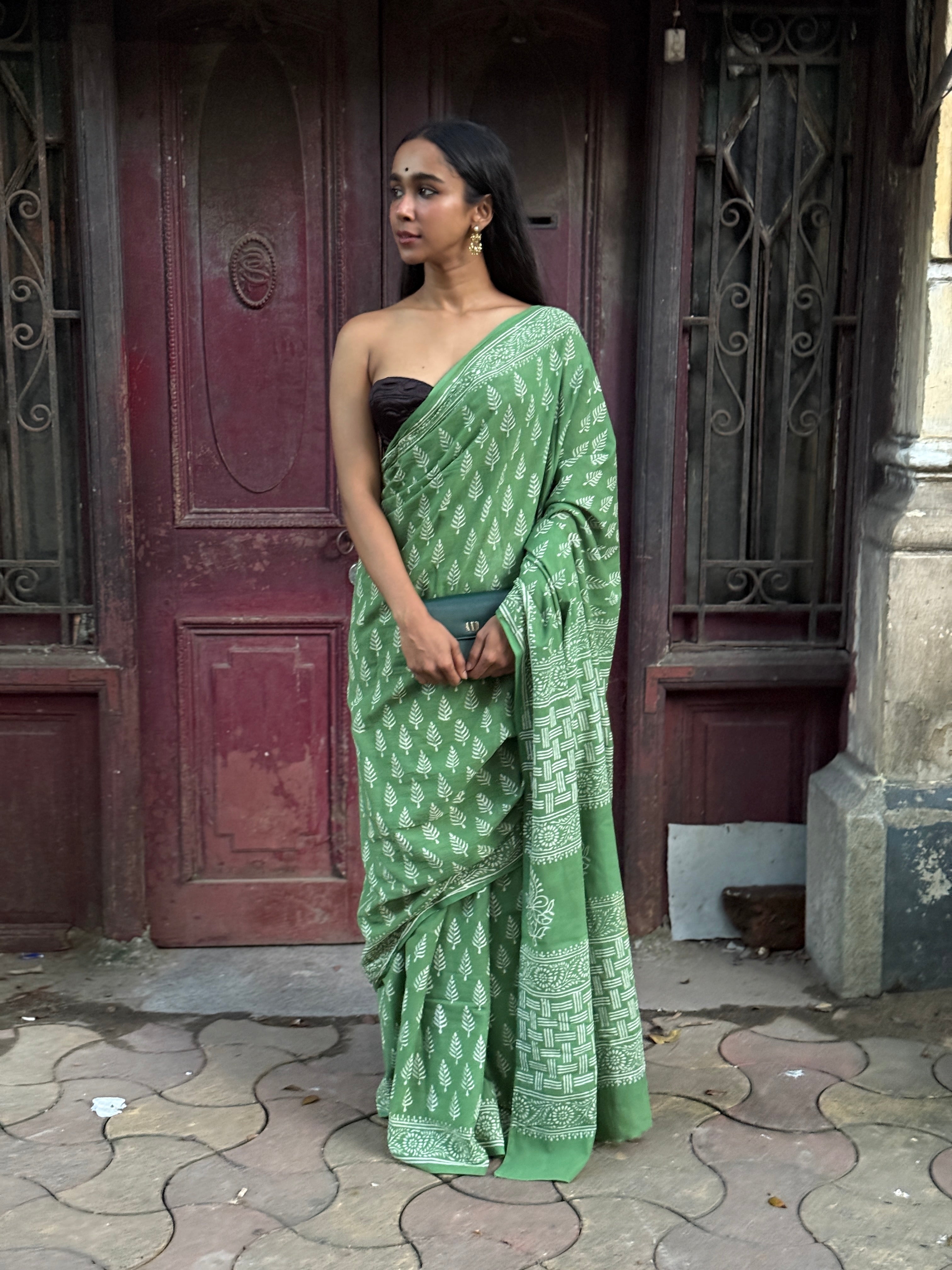 Green Hand Block Printed Cotton Sari