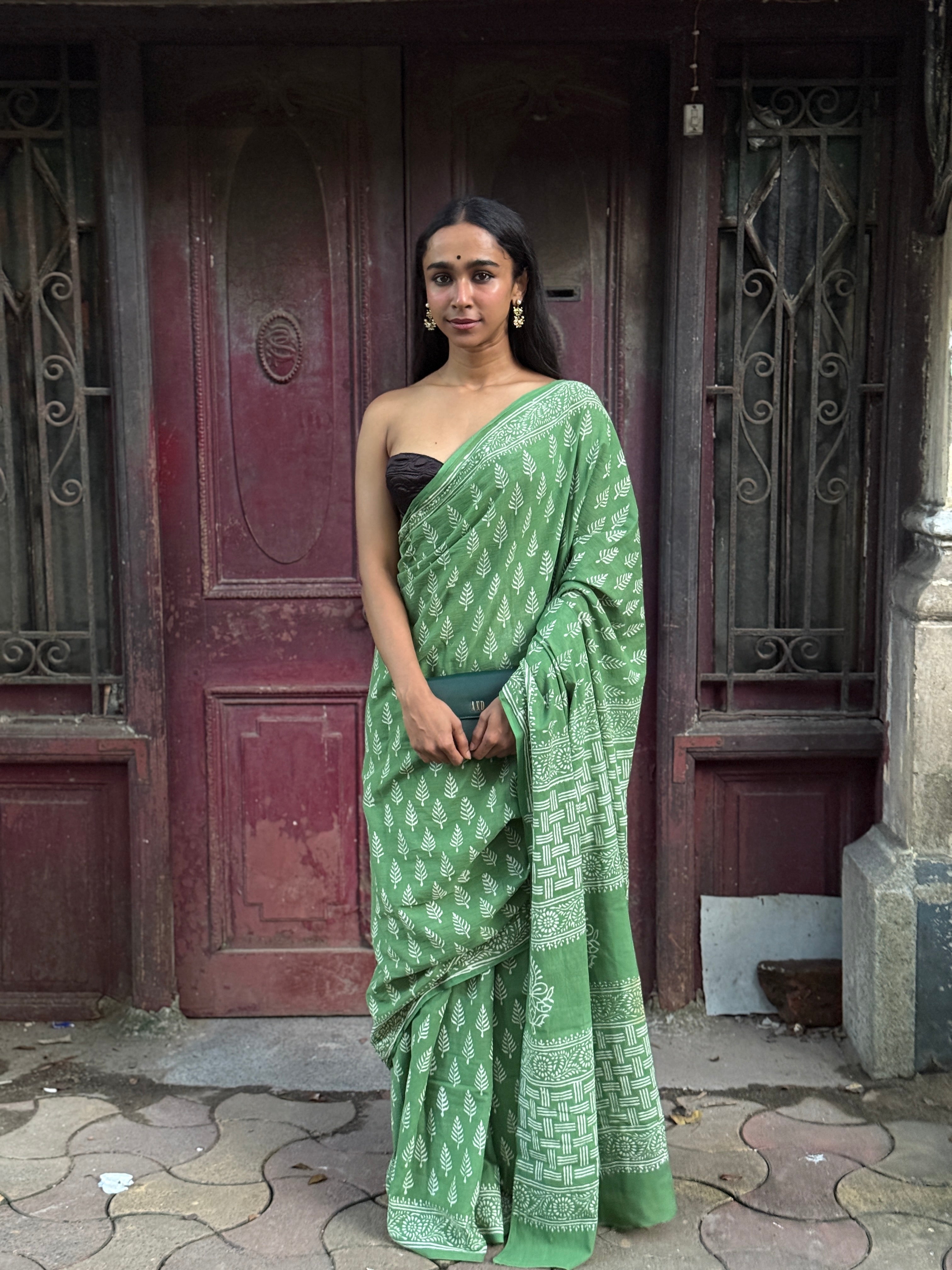 Green Hand Block Printed Cotton Sari