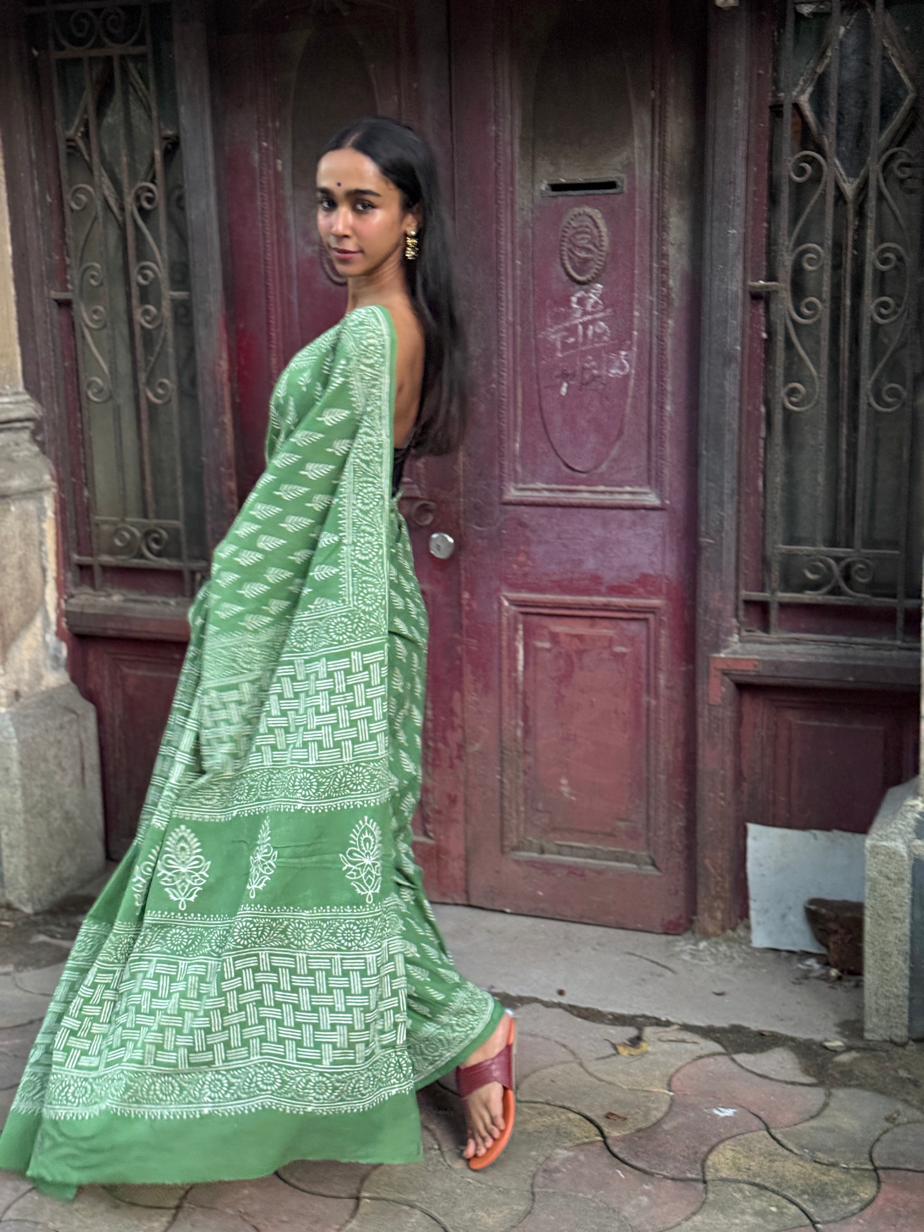 Green Hand Block Printed Cotton Sari