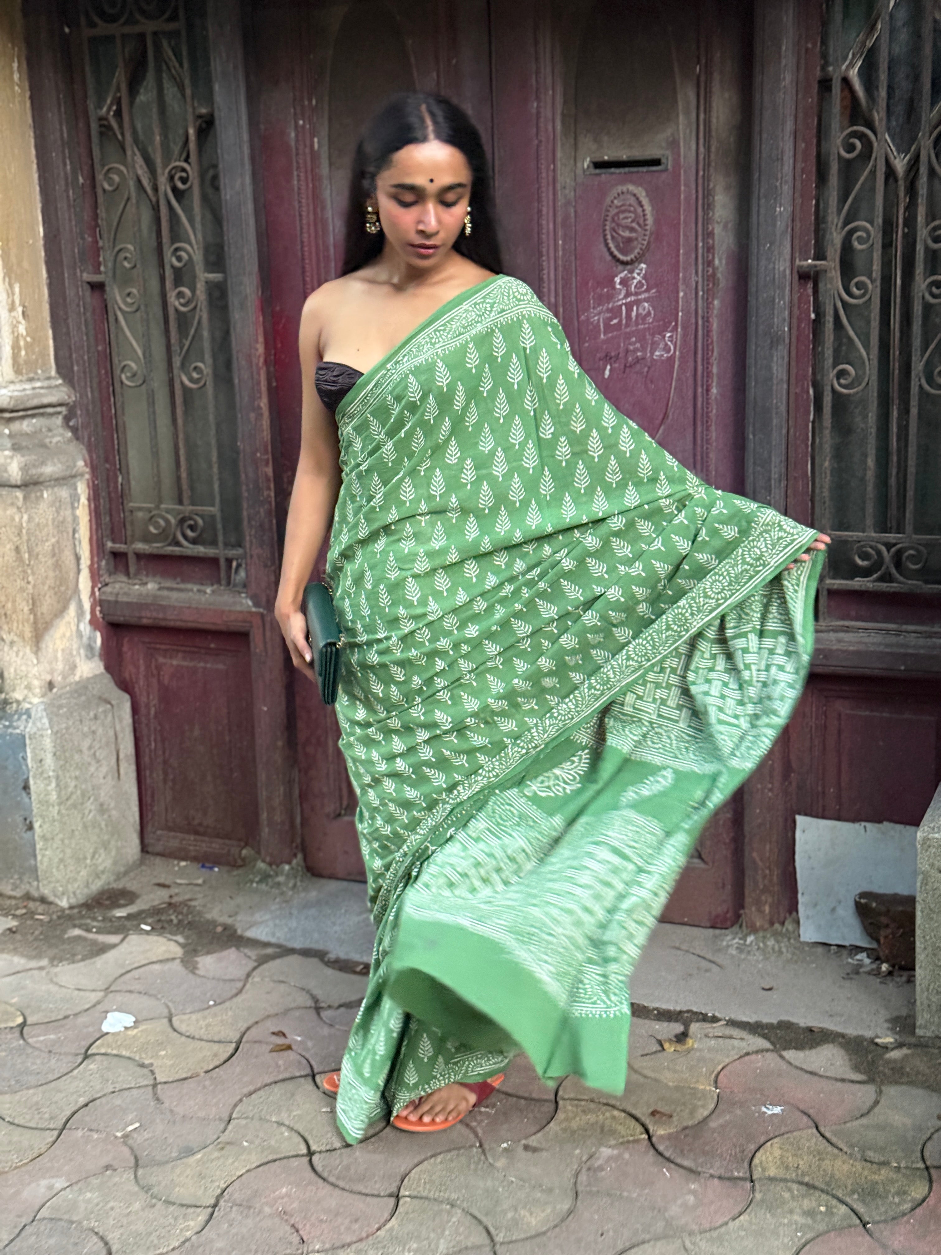 Green Hand Block Printed Cotton Sari