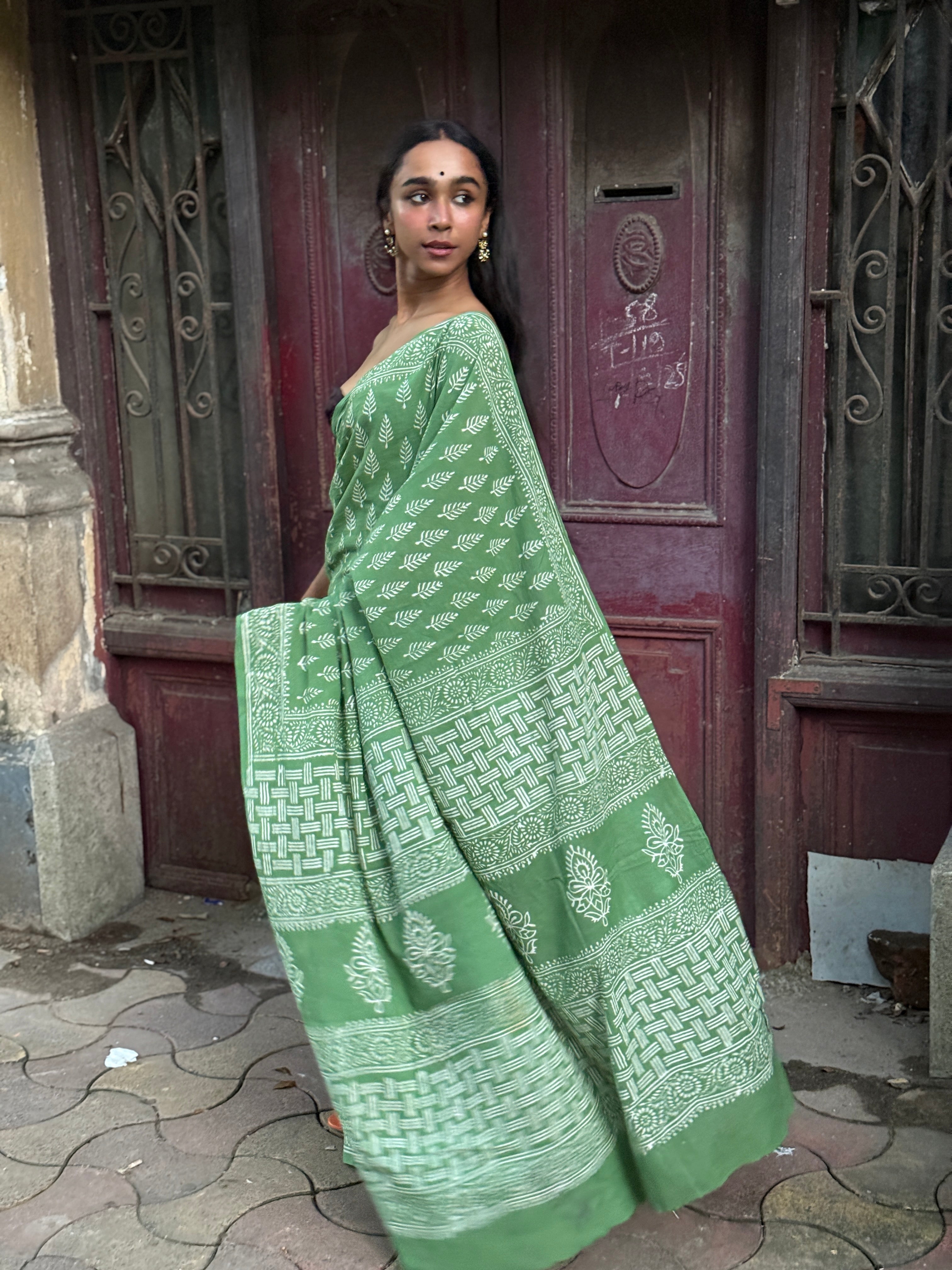 Green Hand Block Printed Cotton Sari