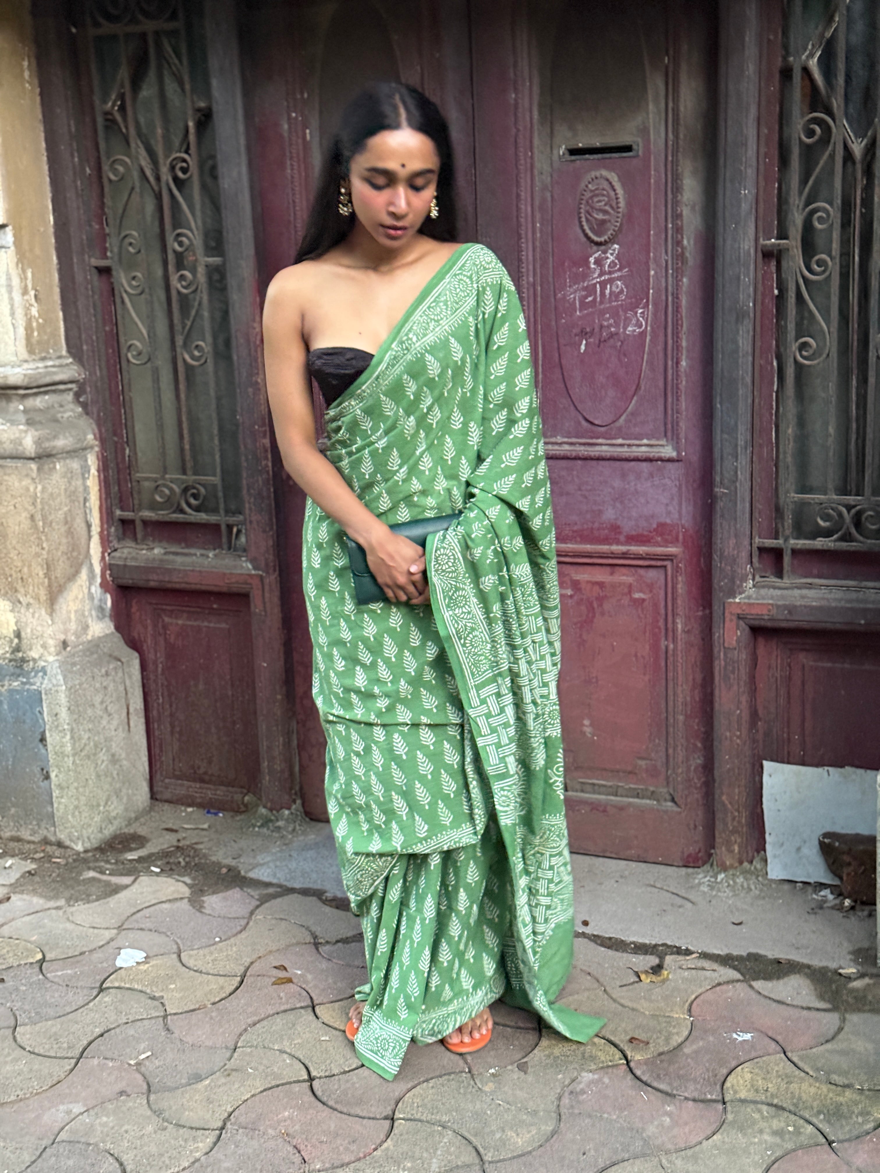 Green Hand Block Printed Cotton Sari