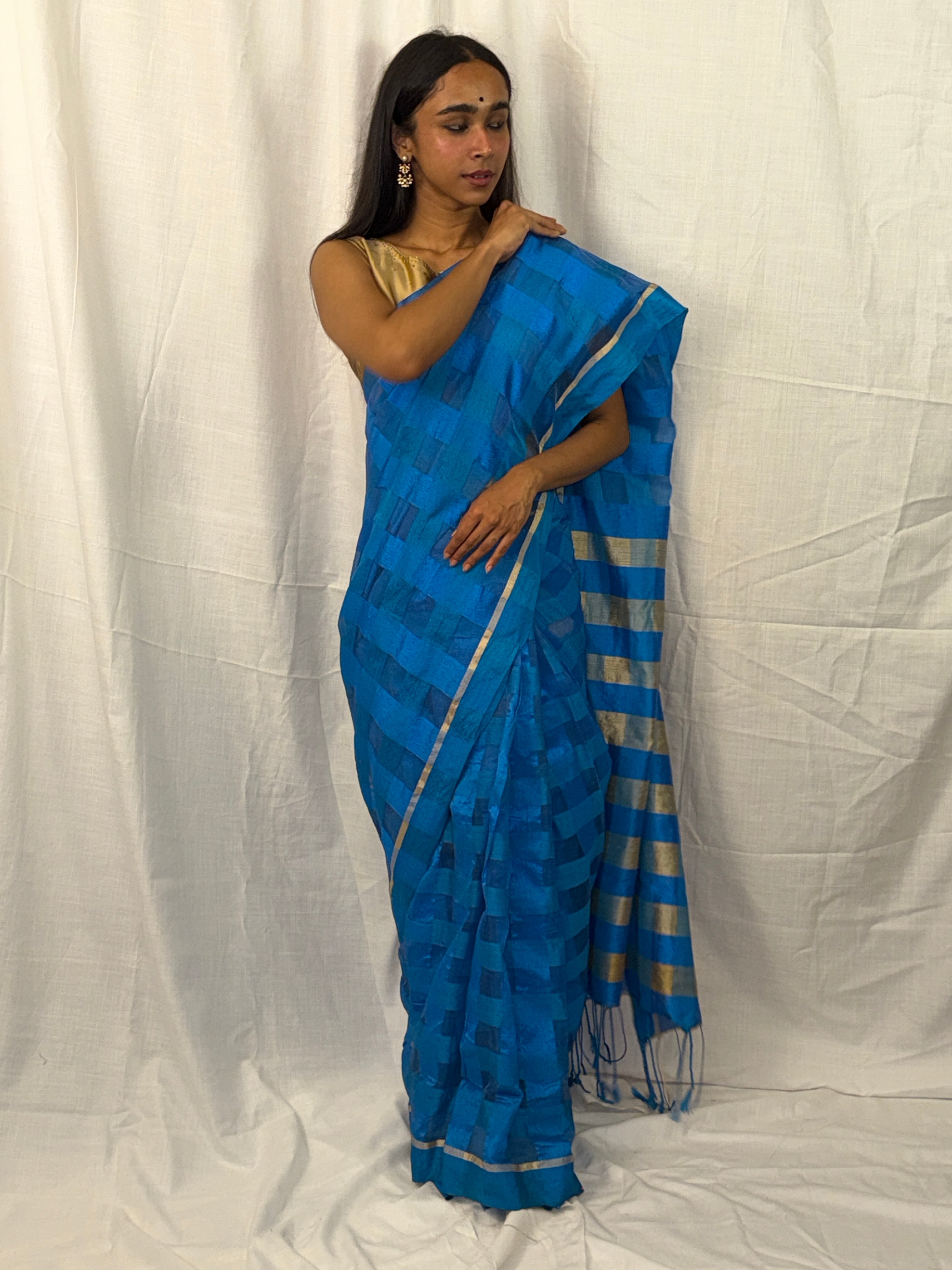 Blue Checked Art Silk Sari with Golden Border