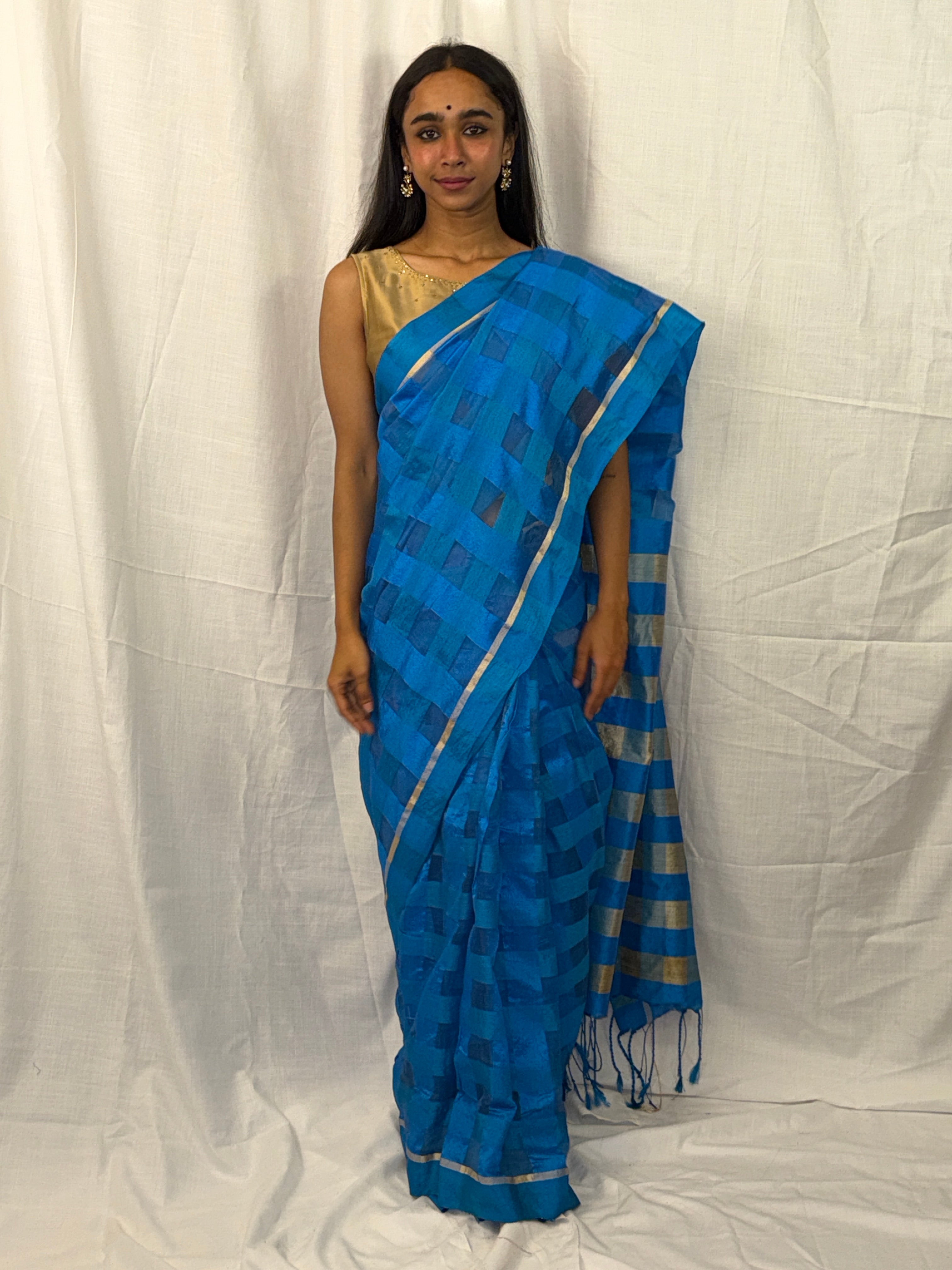 Blue Checked Art Silk Sari with Golden Border