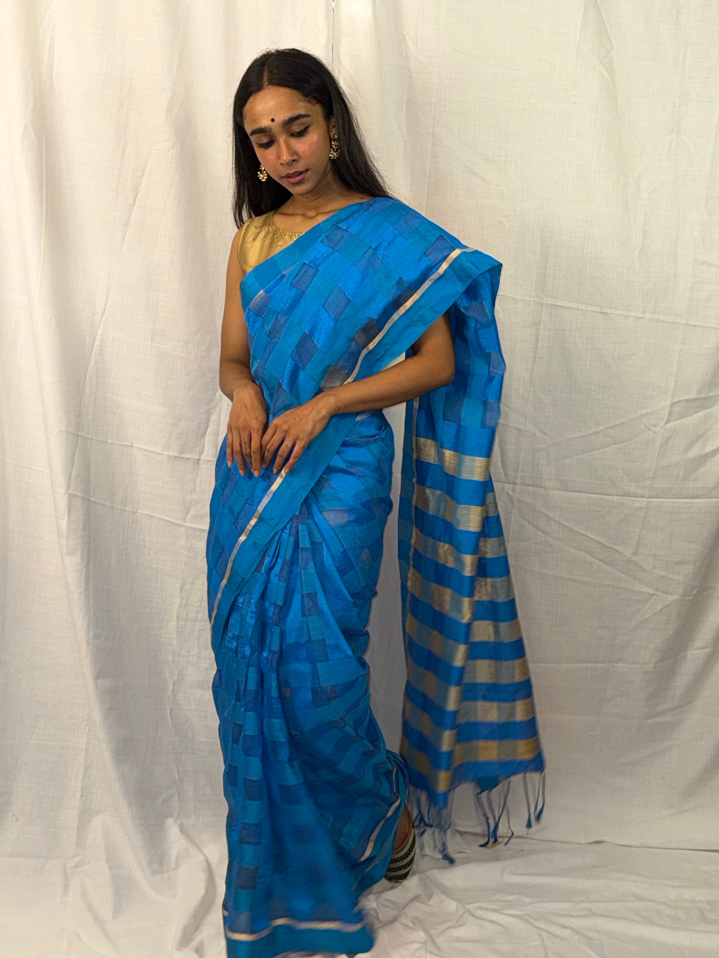 Blue Checked Art Silk Sari with Golden Border