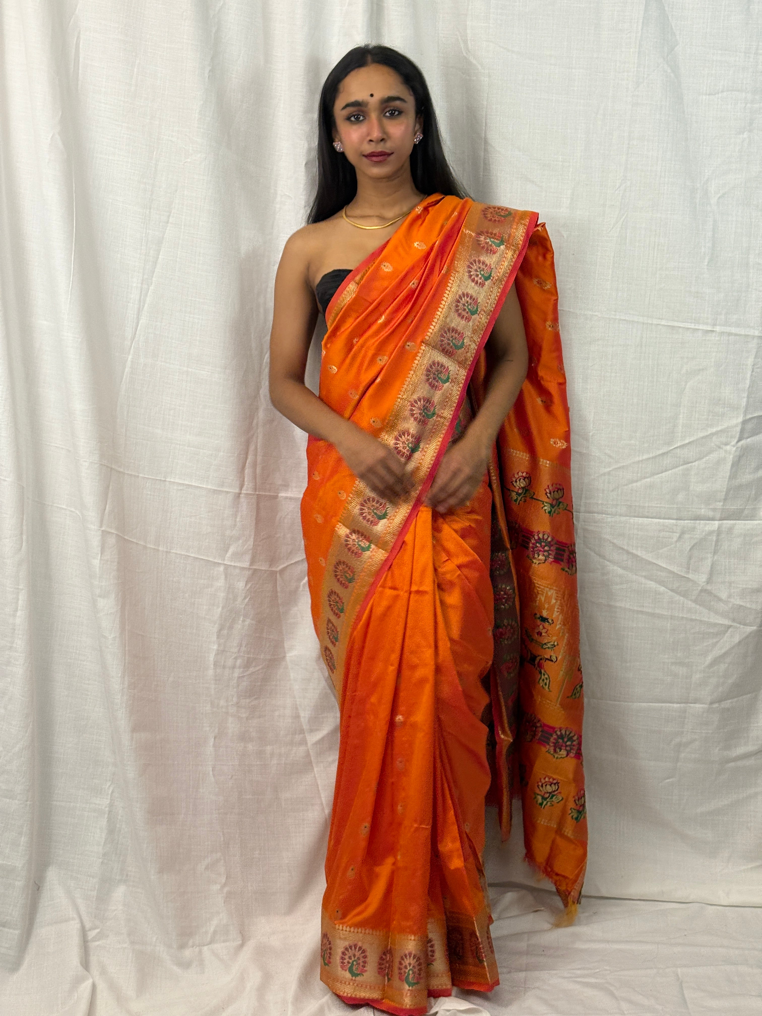 Orange, Green and Pink Silk Sari with Buttis
