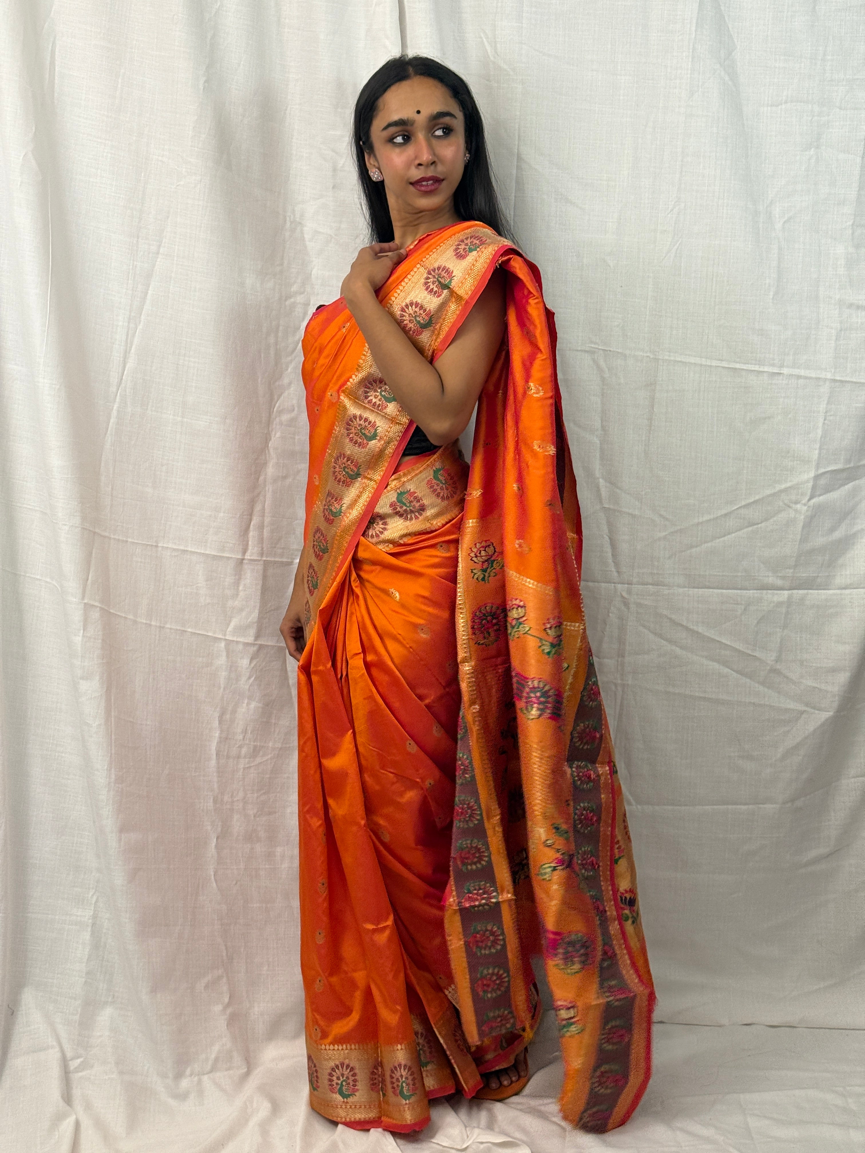 Orange, Green and Pink Silk Sari with Buttis