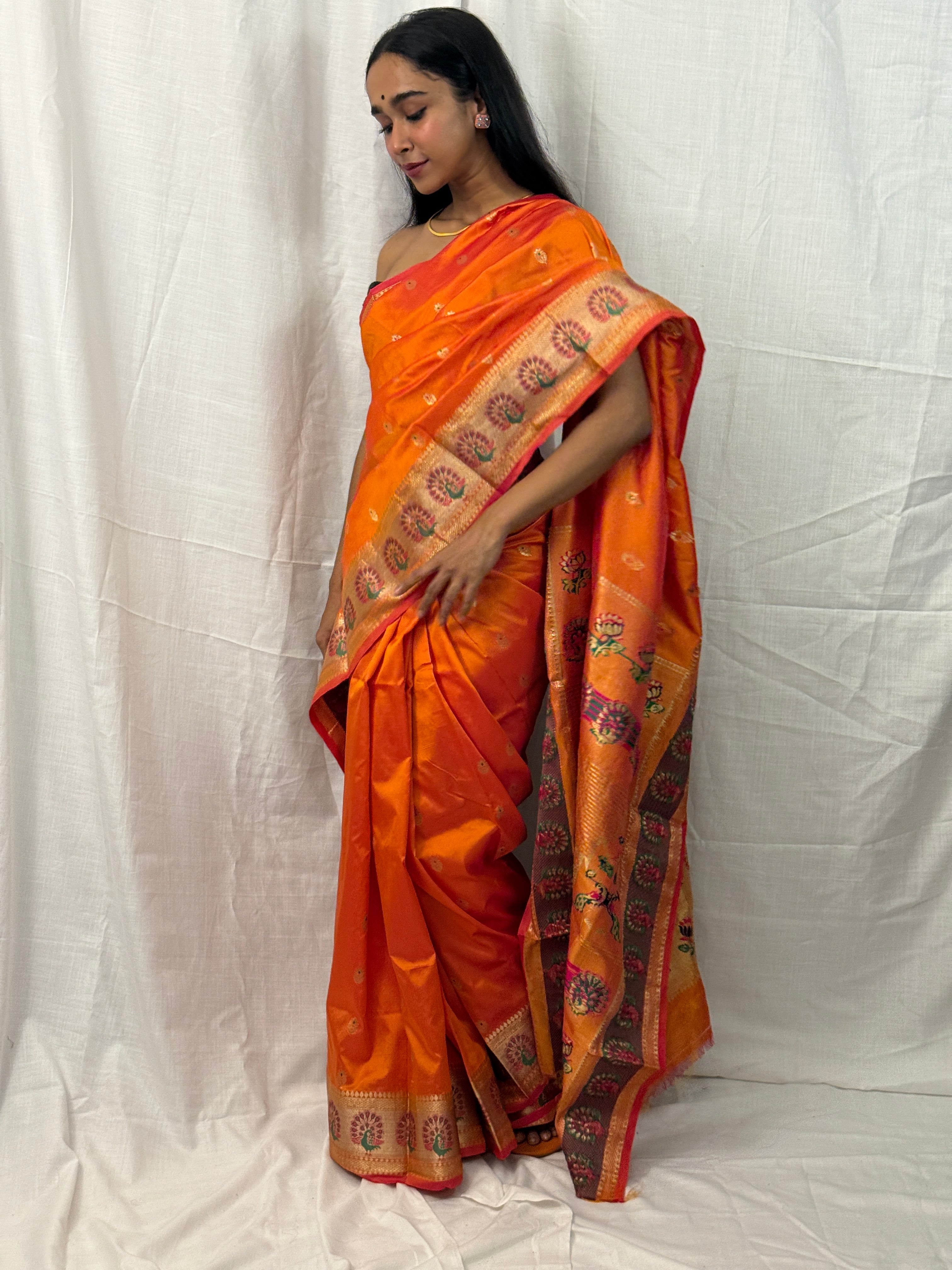 Orange, Green and Pink Silk Sari with Buttis